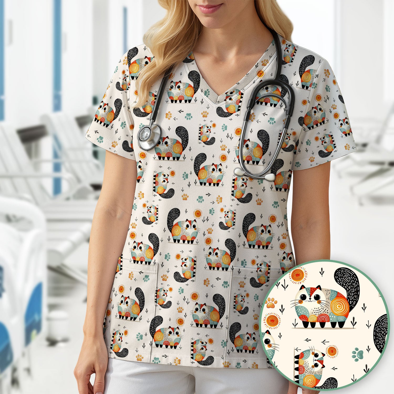 Playful Cat Illustration Nurse Scrub Top, Comfortable Scrubs for Nurses