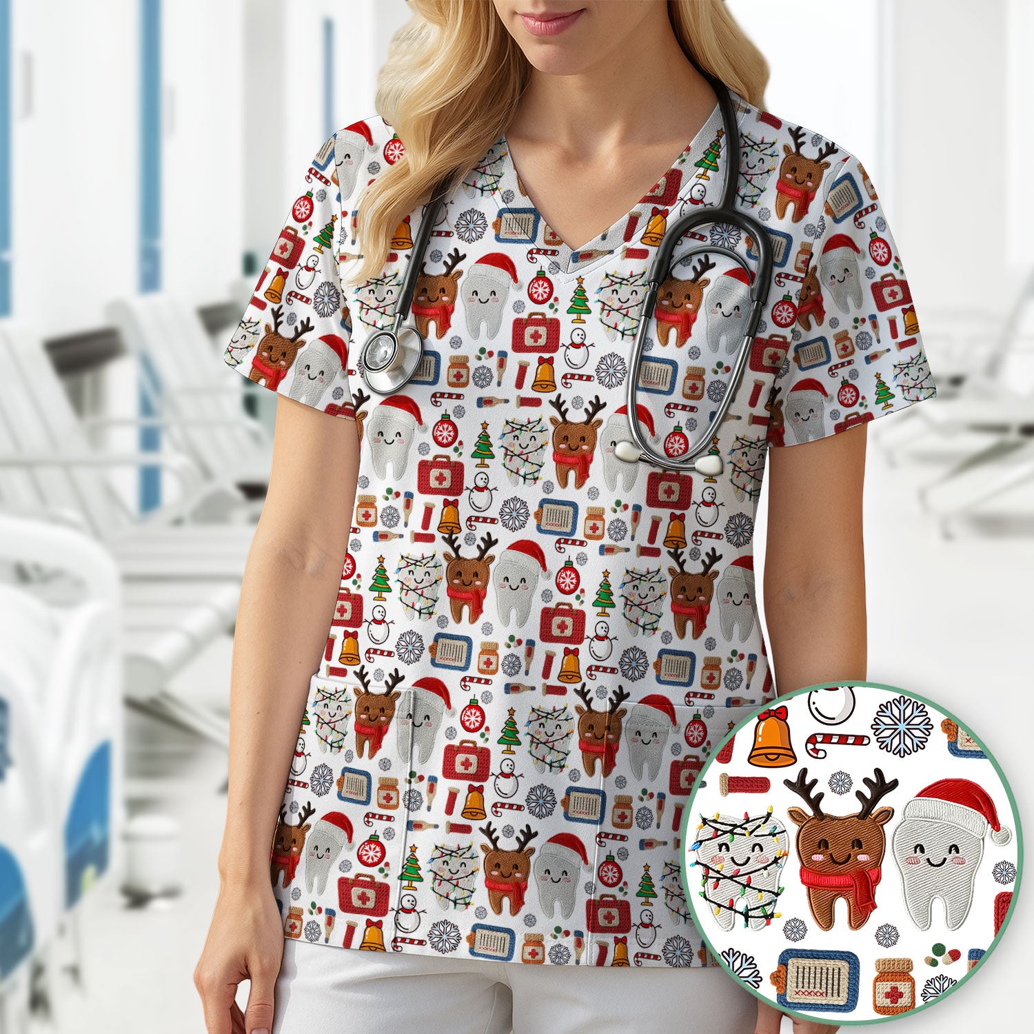 Christmas Dental Scrub Top - Cute Santa & Reindeer Tooth Shirt - Funny Holiday Medical Uniform for Dentists, Hygienists & Nurses