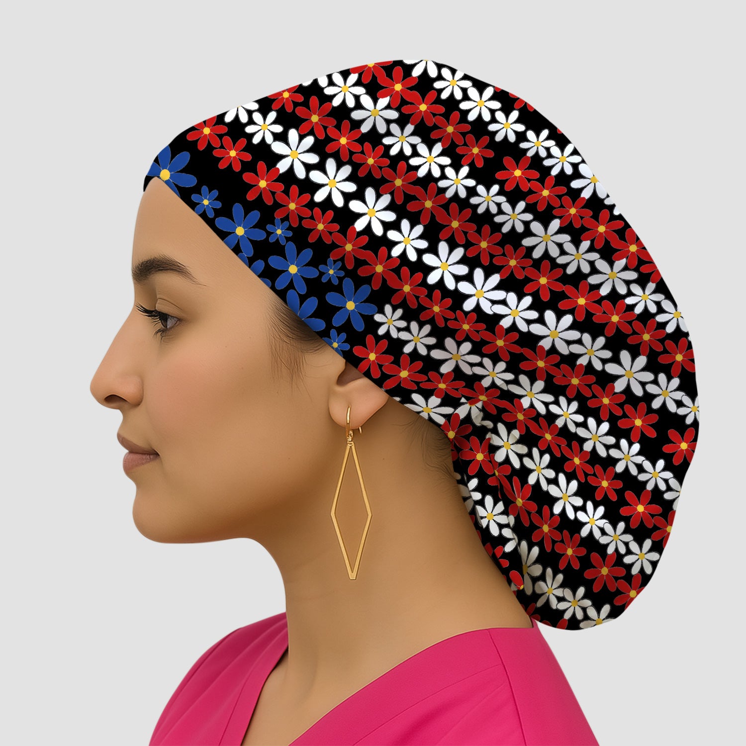 Retro Red Blue Daisy Stripe Pattern Scrub Cap, Surgical Caps for Doctors