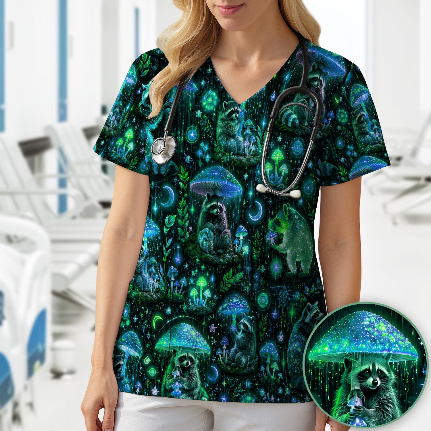 Glowing Raccoon Forest Pattern Scrub Top, Comfortable Scrubs for Nurses