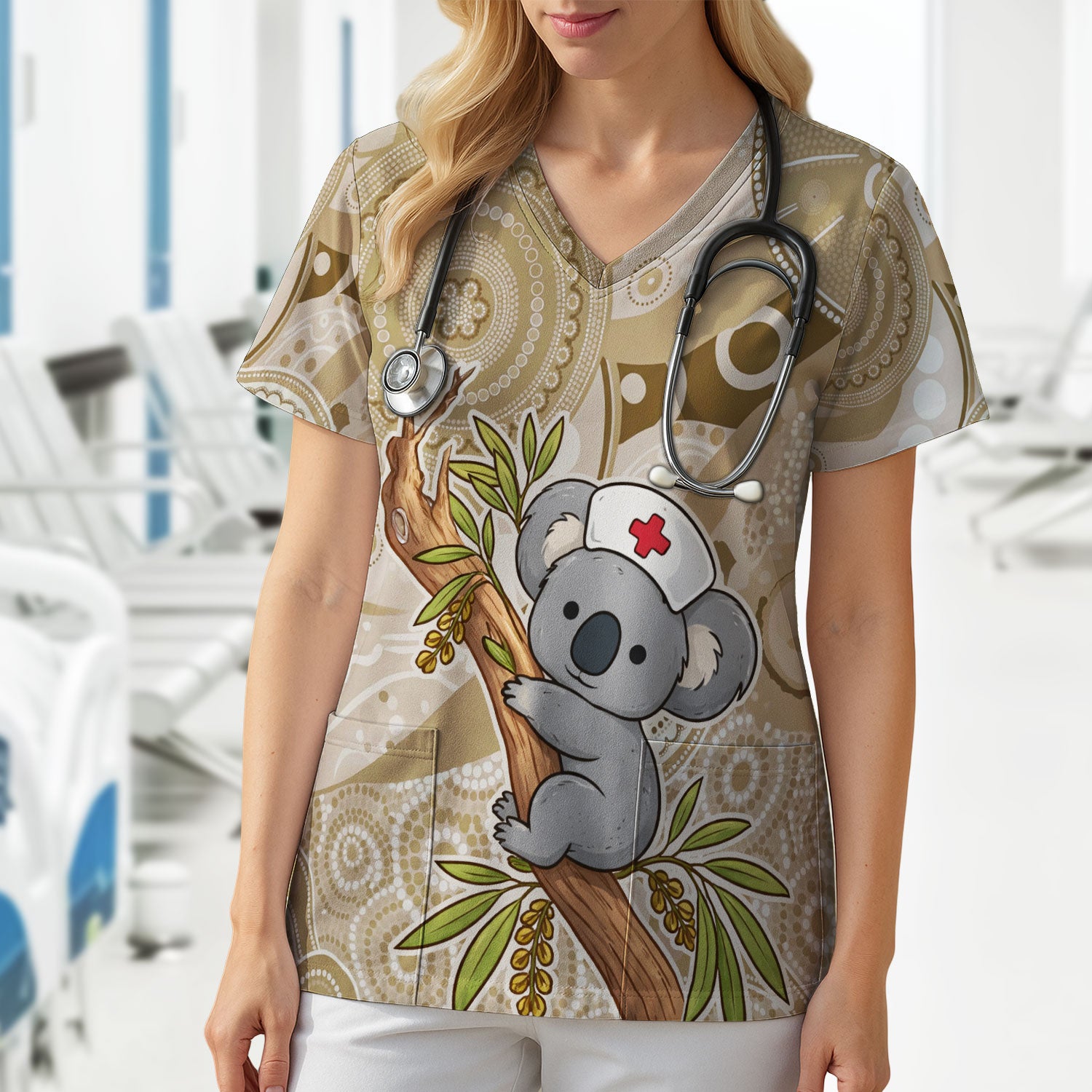 Australian Indigenous Inspired Dot Art Scrub Top, Cute Koala Pattern Nurse Shirt, Comfortable Scrubs For Nursing