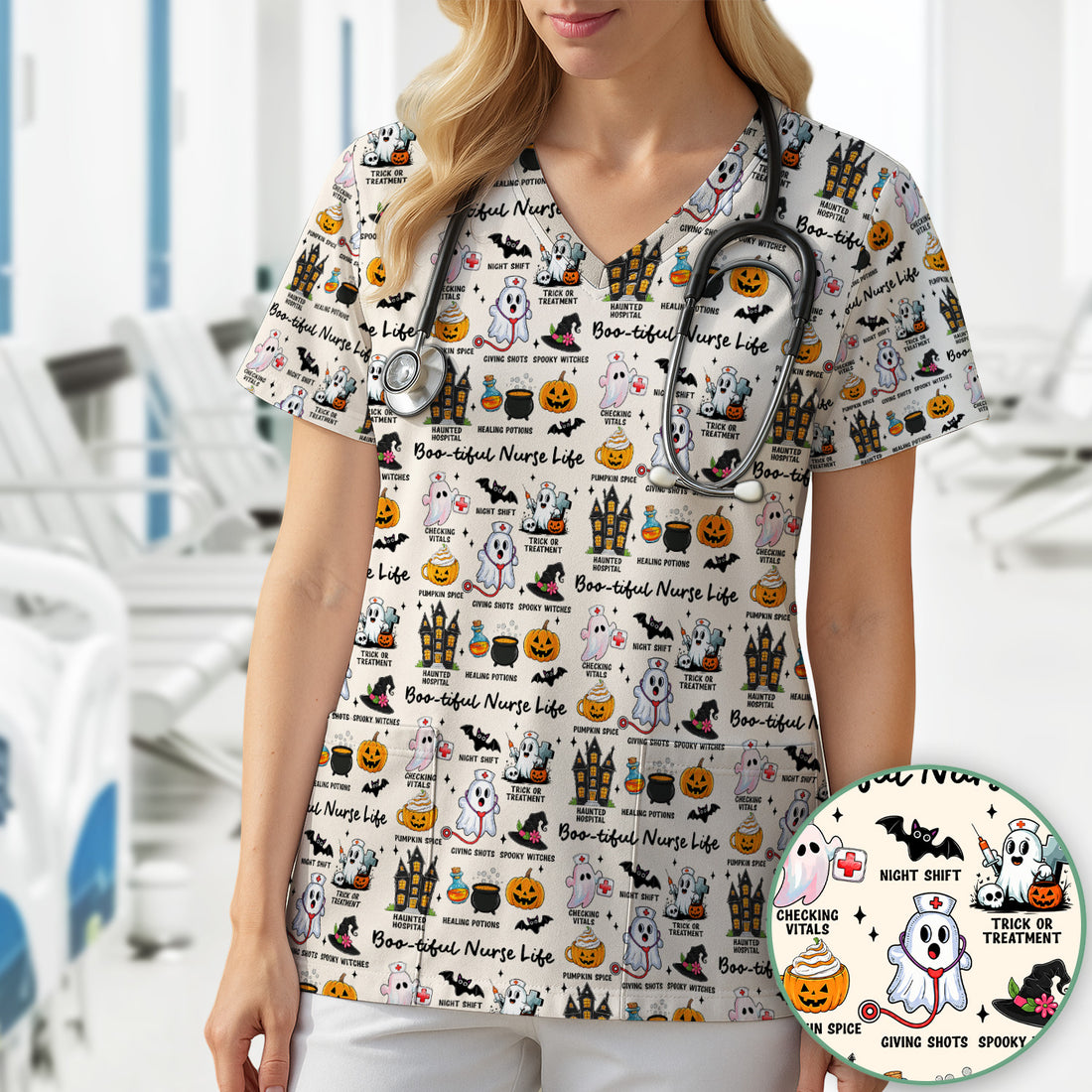 Spooky Halloween Boo-tiful Nurse Life Scrub Top, Comfortable Scrubs for Nurses