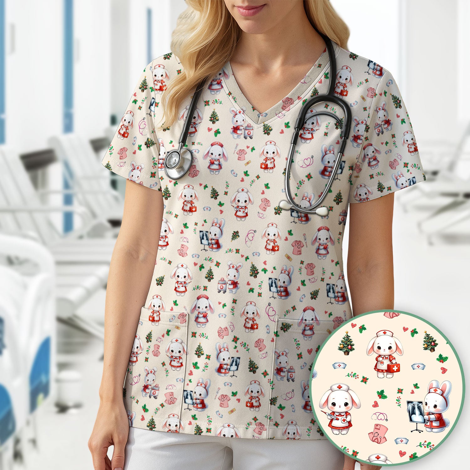Cute Bunny Scrub Top for Nurse - Adorable Christmas Rabbit Shirt - Funny Holiday Medical Shirt Gift for Women RN LPN CNA