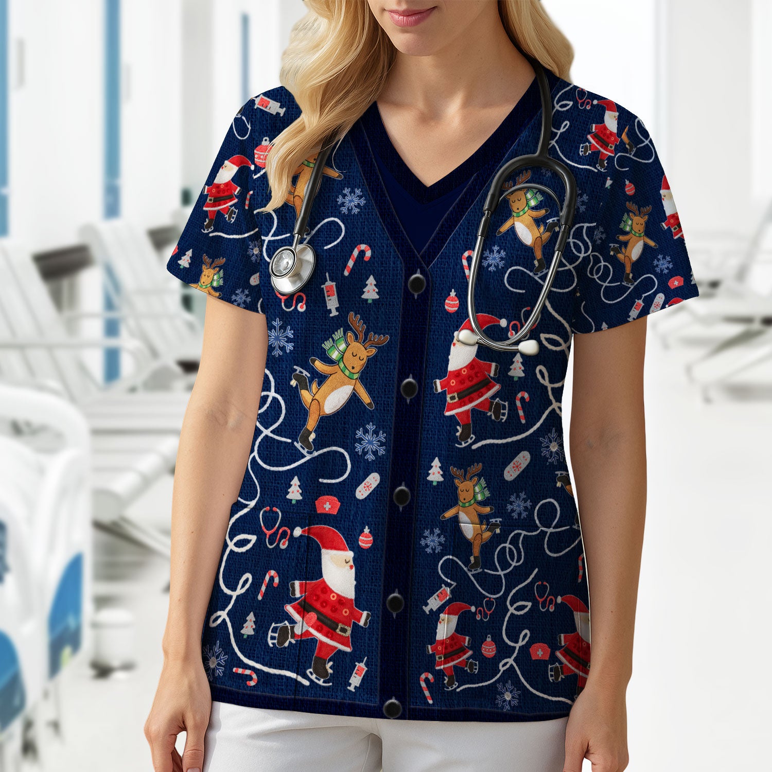Christmas Reindeer Santa Nurse Scrub Top, Cute Holiday Medical Uniform Shirt for Women