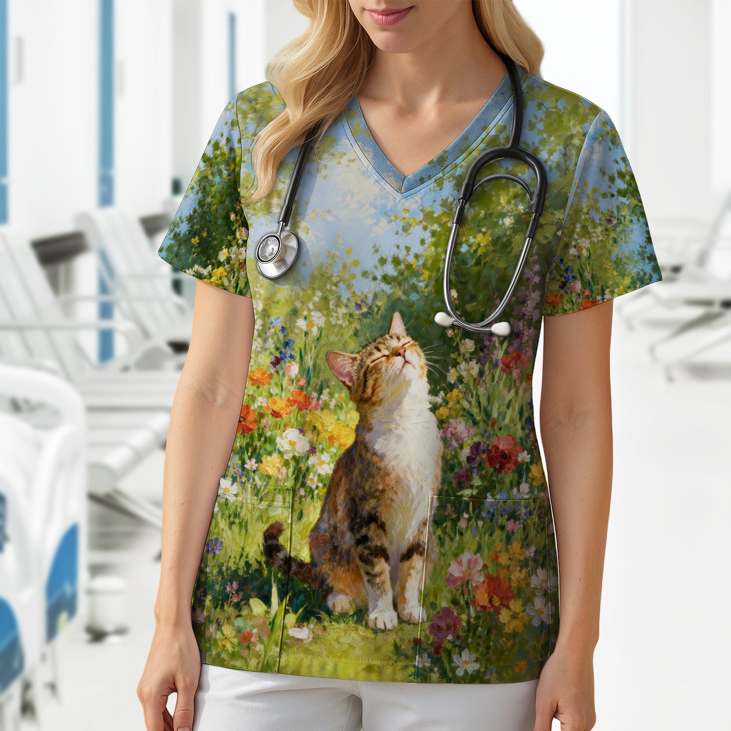 Whimsical Garden Cat Blossom Pattern Scrub Top, Comfortable Scrubs for Nurses
