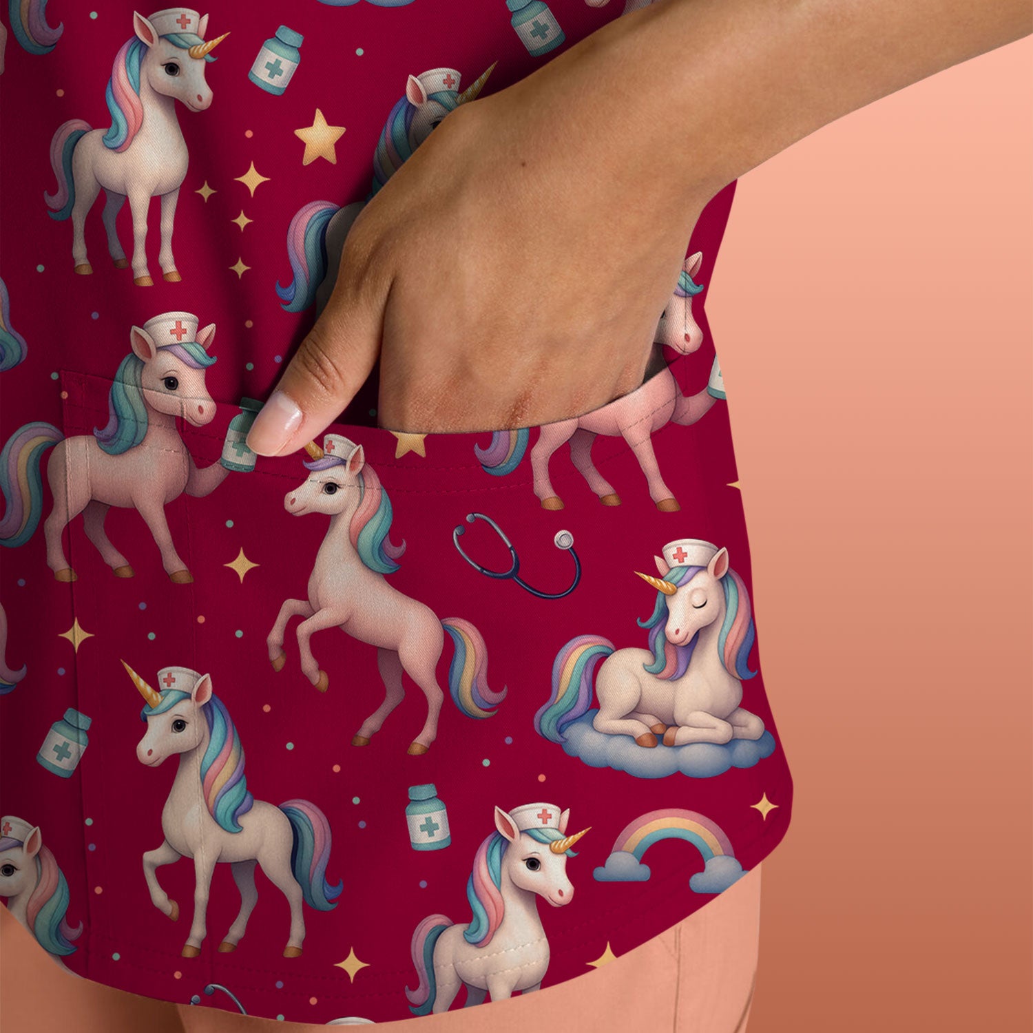 Unicorn Pattern Nurse Scrub Top - Pastel Rainbow Medical Shirt - Cute Fantasy Scrubs Gift for RN LPN CNA Healthcare Staff