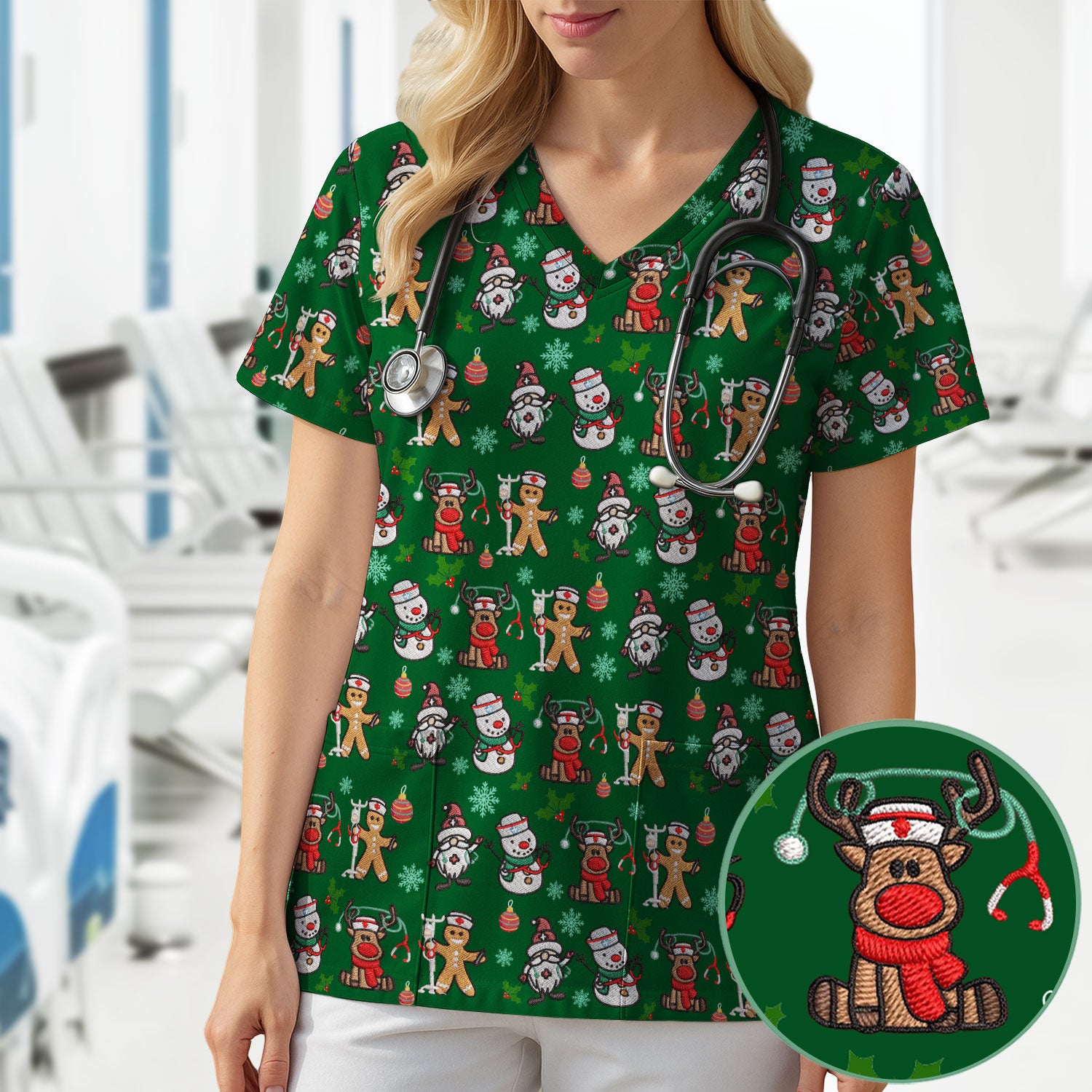Reindeer Xmas Scrubs for Women - Gingerbread Cookies Shirts - Comfortable Scrubs for Nurses - Breathable Nursing Uniform