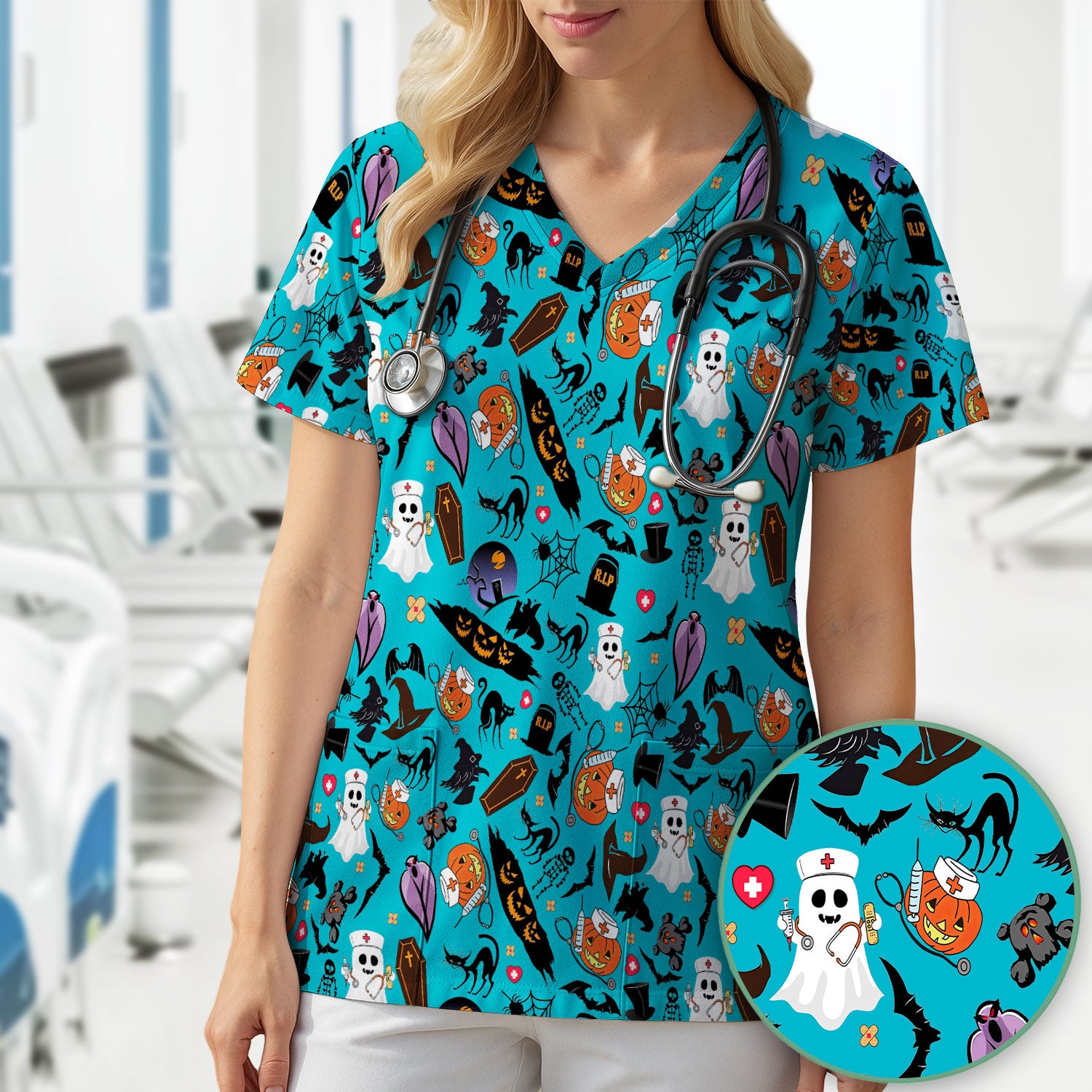 Spooky Halloween Scrub Top - Pumpkin Ghost Bat Nurse Shirt - Wicked Witch Medical Uniform for Women RN CNA LPN