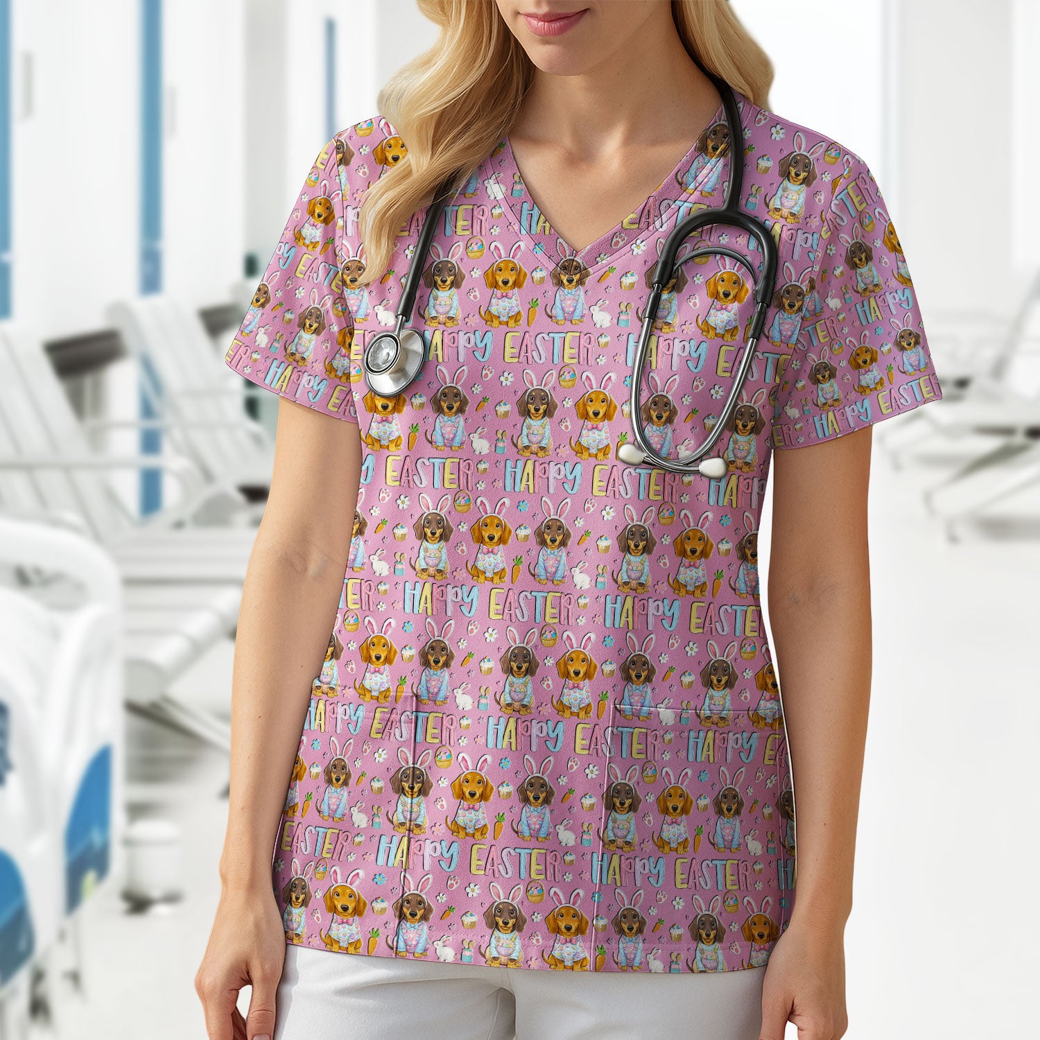 Happy Easter Dachshund Bunny Print Scrub Top, Comfortable Scrubs for Nurses