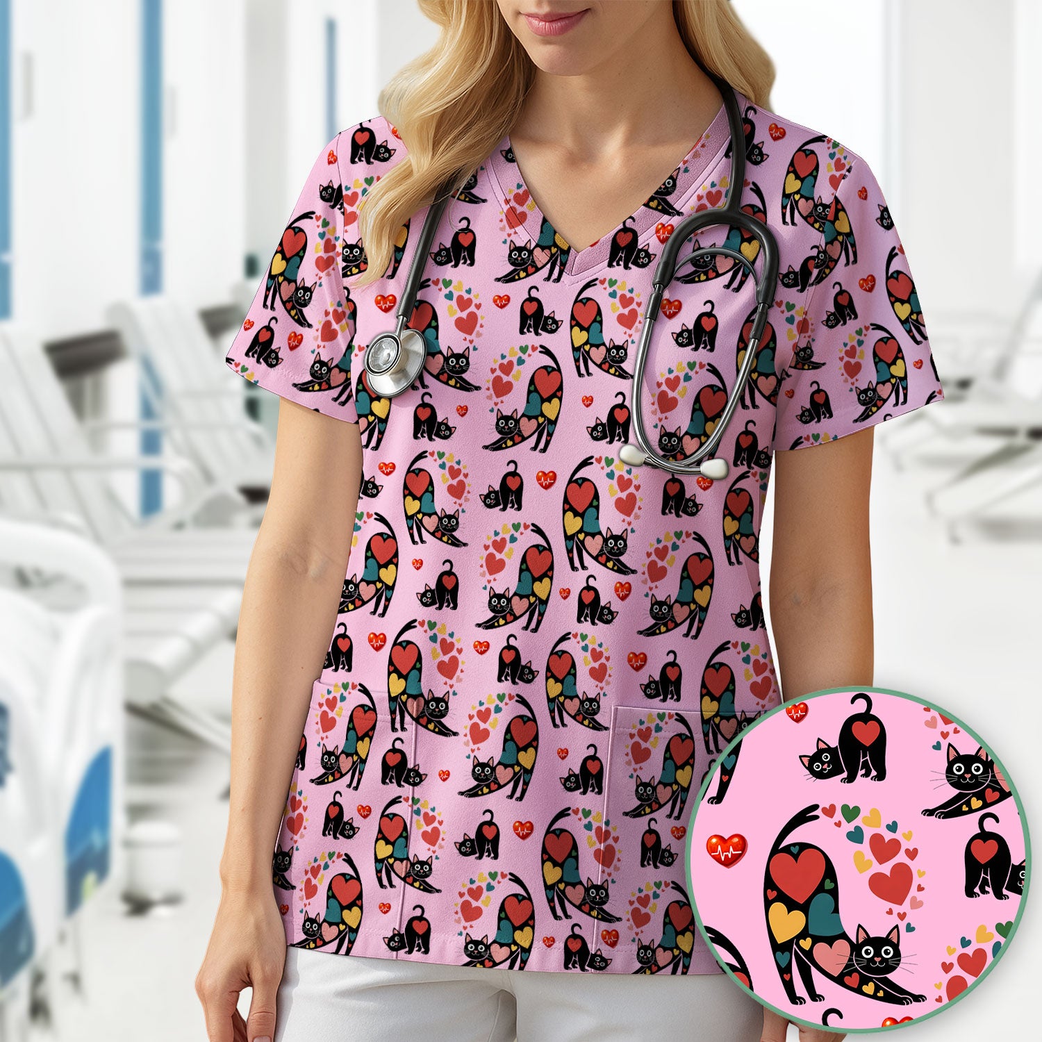 Playful Cat Valentine Heart Print Nurse Scrub Top, Comfortable Scrubs for Nurses