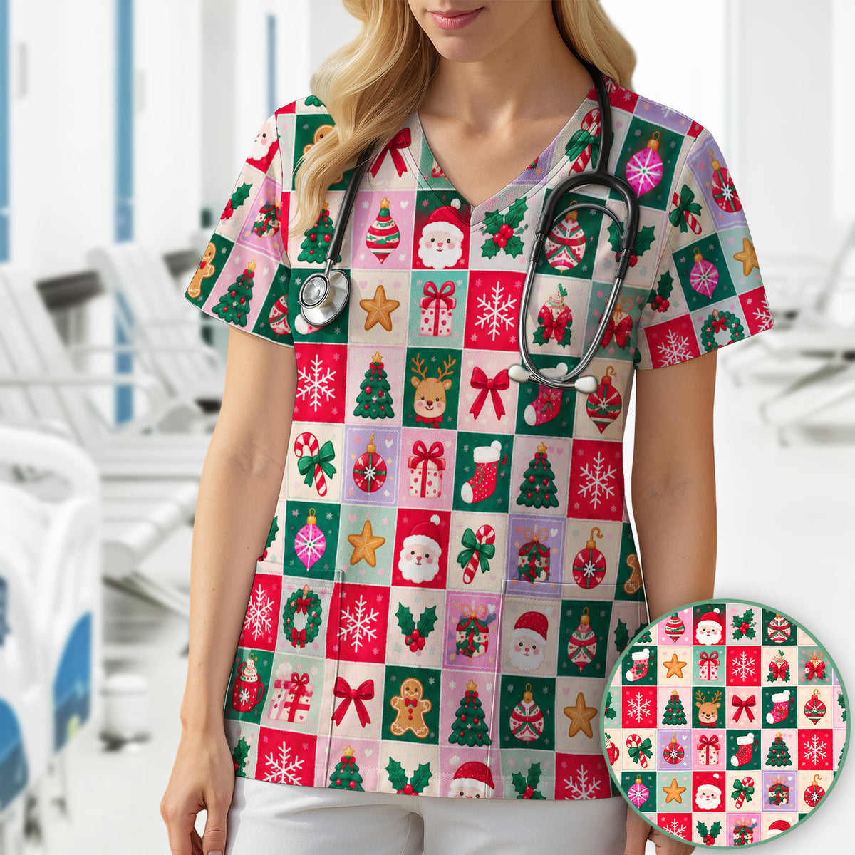 Cute Christmas Santa Patchwork Scrub Top, Comfortable Scrubs for Nurses