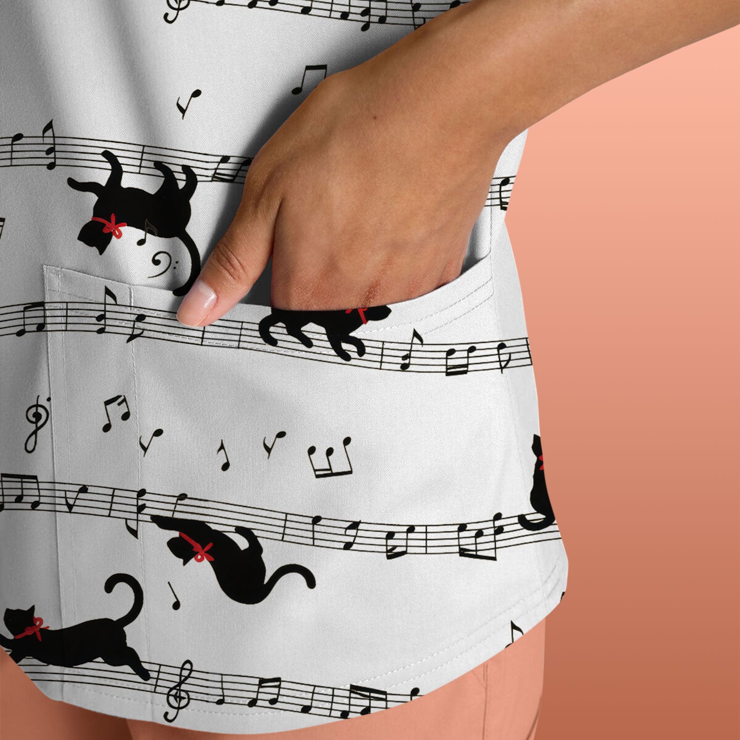Cute Dancing Black Cat Music Staff Pattern Scrub Top, Comfortable Scrubs for Nurses