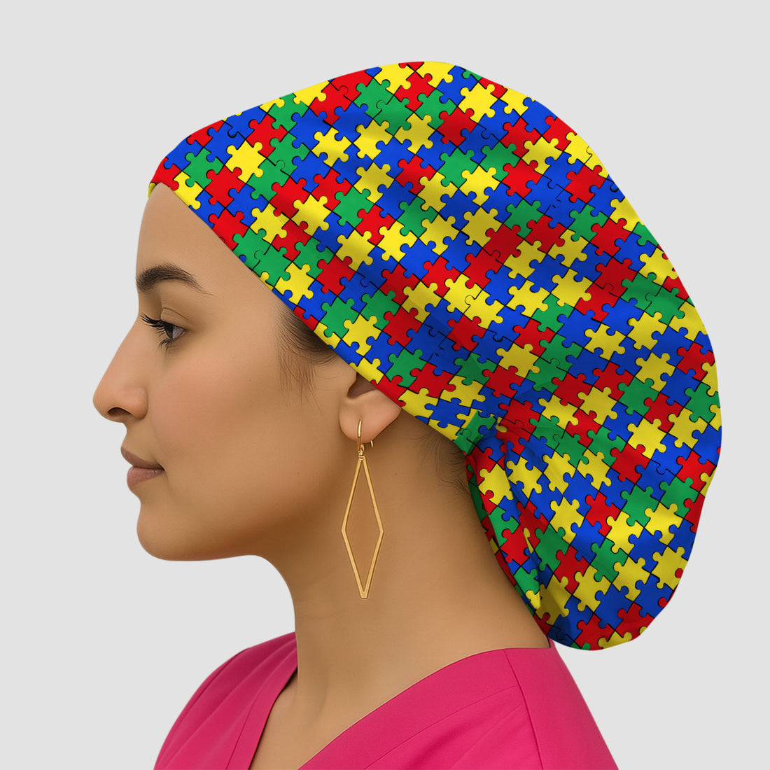 Autism Awareness Puzzle Pattern Cap, Bouffant Scrub Caps for Women