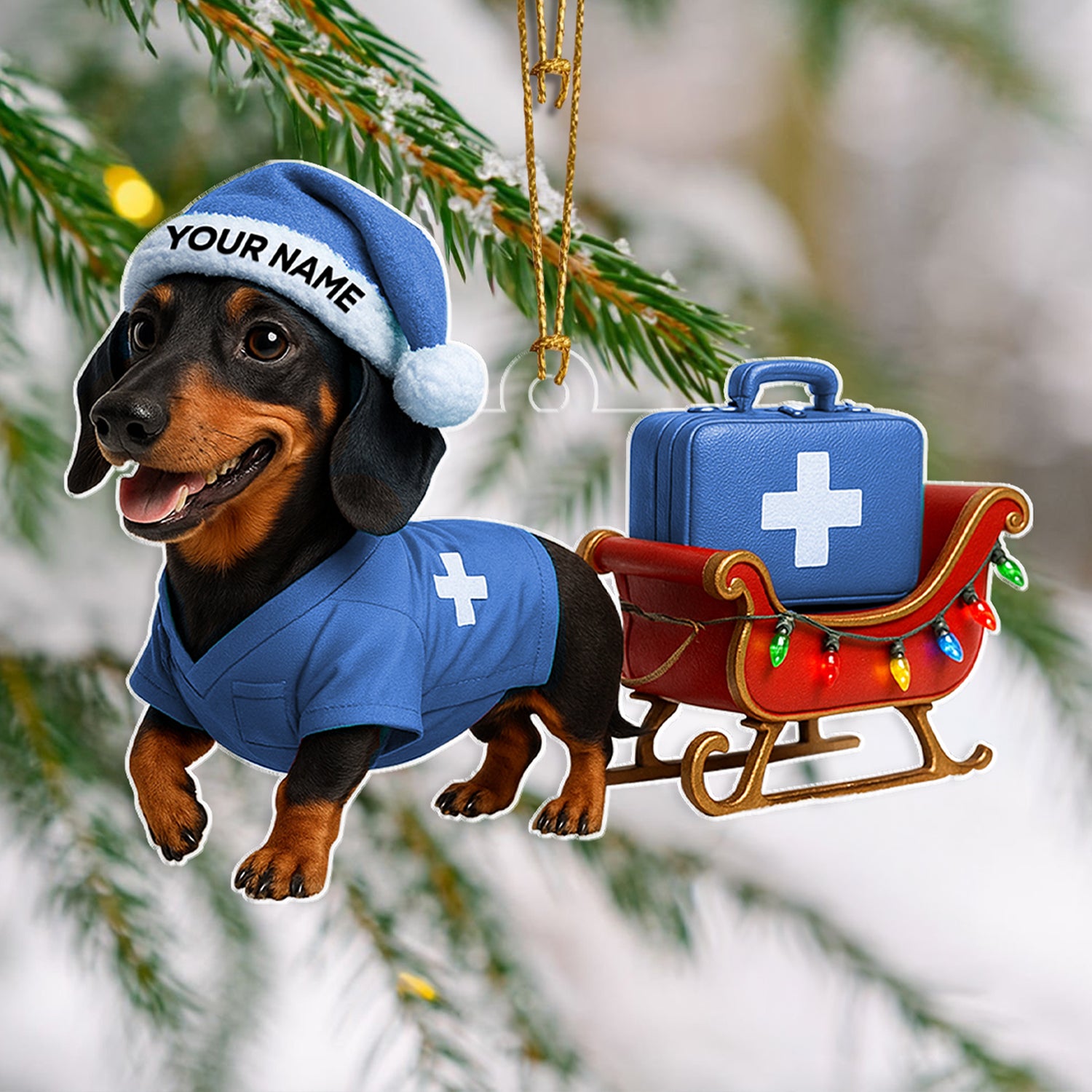 Personalized Nurse Dachshund Christmas Ornament, Custom Name Wiener Dog Ornament With Medical Sleigh, Funny Holiday Gift for Dog Lovers
