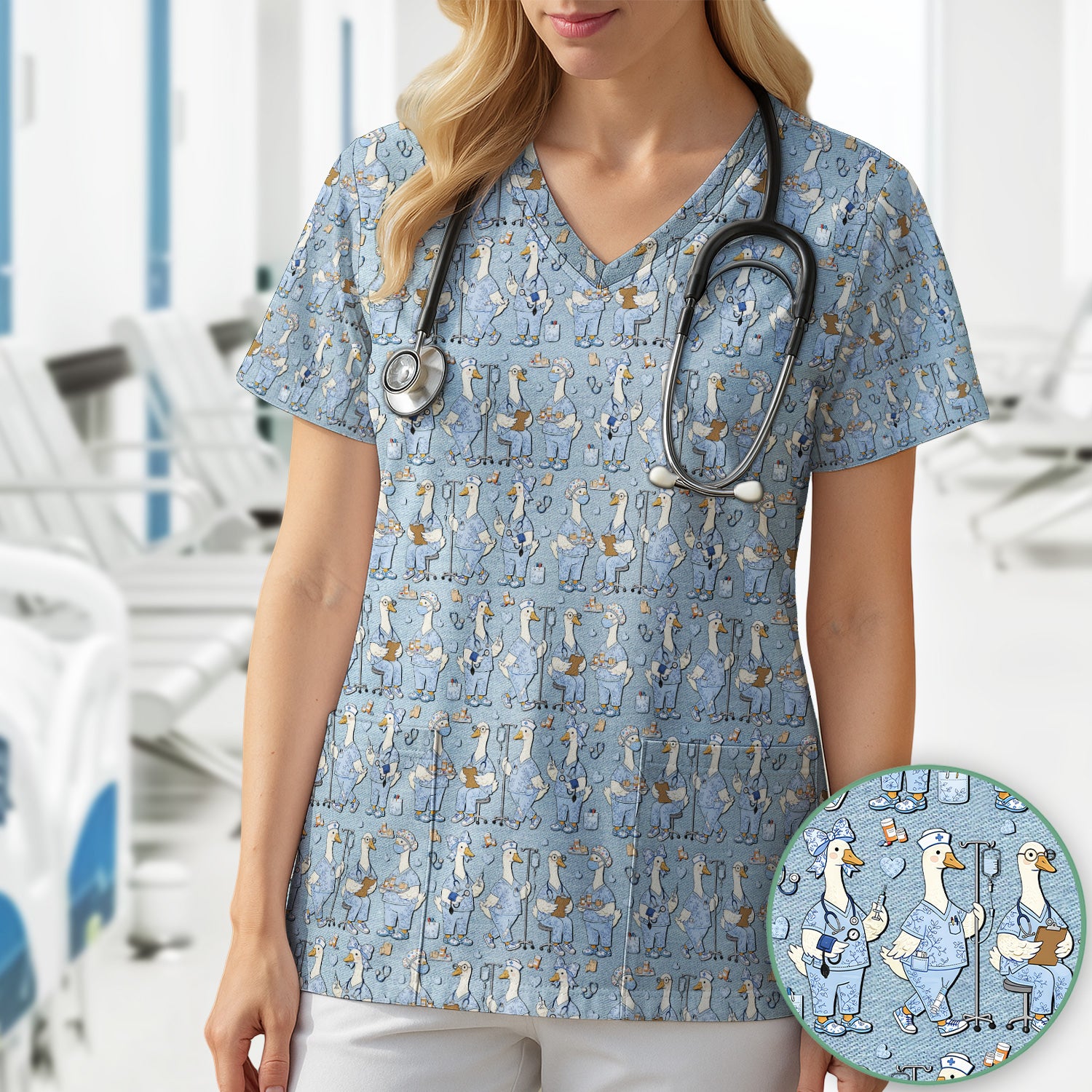 Cute Nurse Goose Working Pattern Scrub Top, Comfortable Scrubs for Nurses