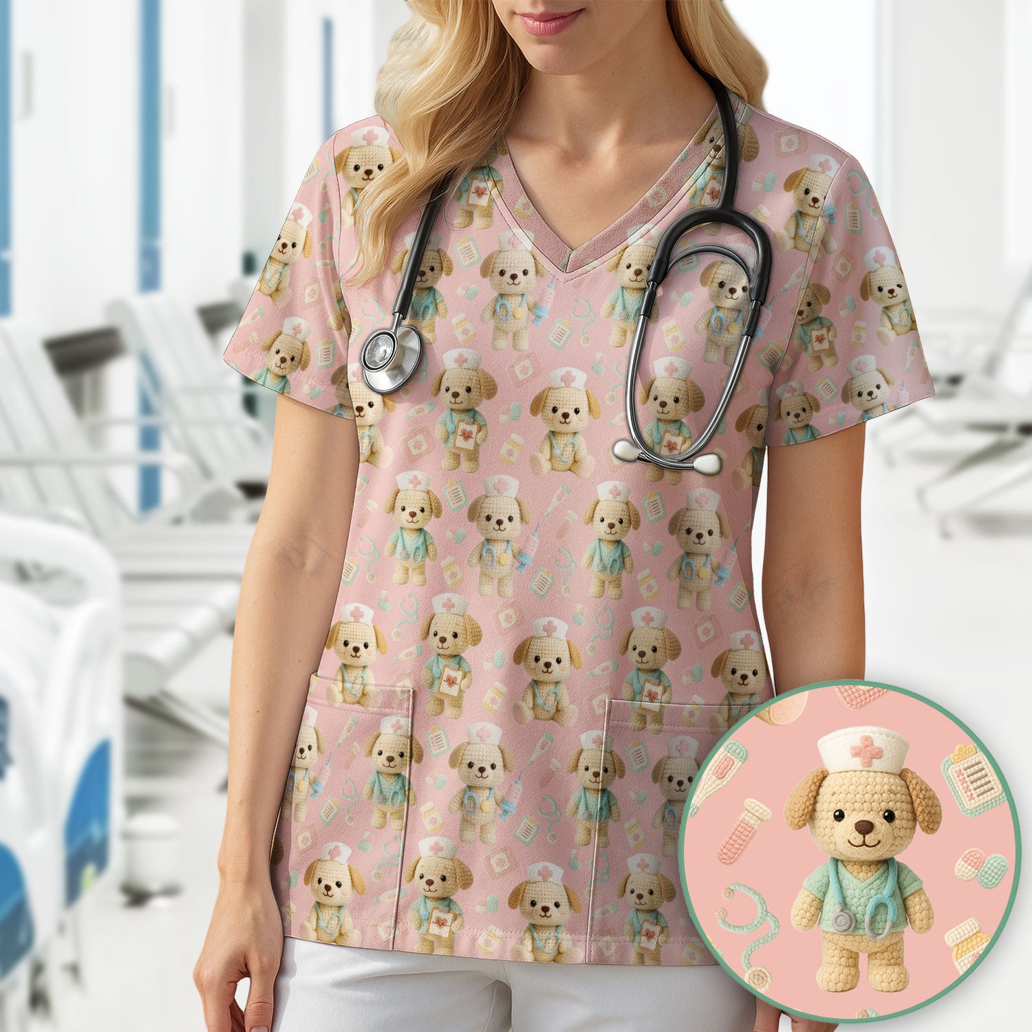 Cute Labrador Scrub Top for Nurse - Pastel Crochet Dog Medical Scrubs - Adorable Puppy Med Uniform Gift for Women