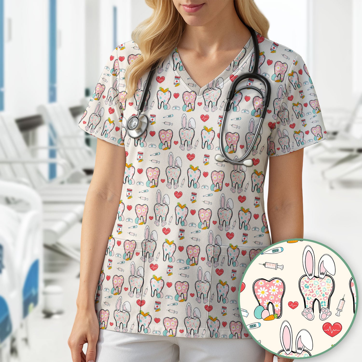 Playful Bunny Dentist Illustration Medical Scrub Top, Comfortable Scrubs for Nurses, Easter