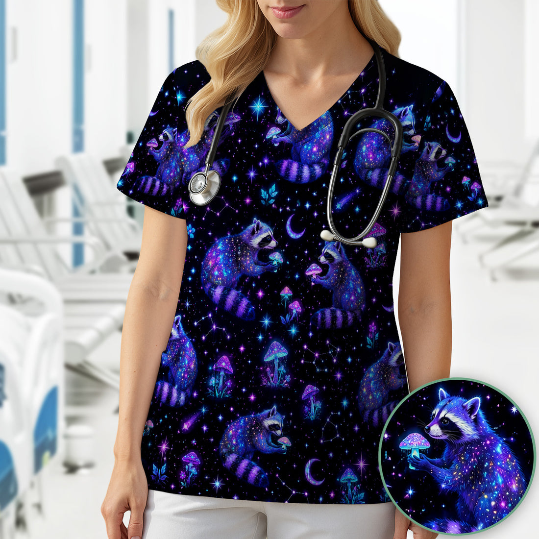 Galaxy Raccoon With Mushroom Night Scrub Top, Comfortable Scrubs for Nurses