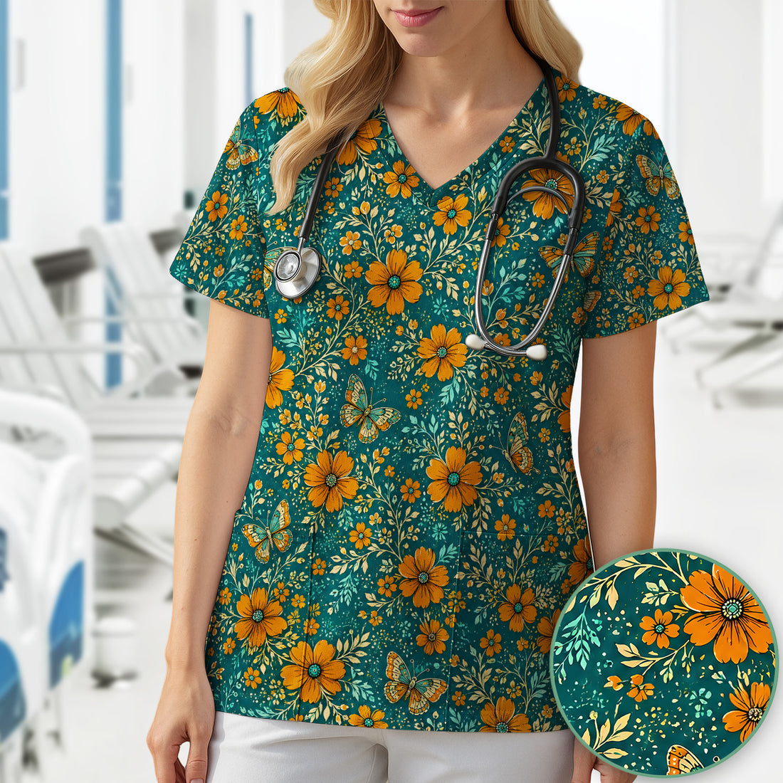 Orange Floral Butterfly Vine Pattern Scrub Top, Comfortable Scrubs for Nurses