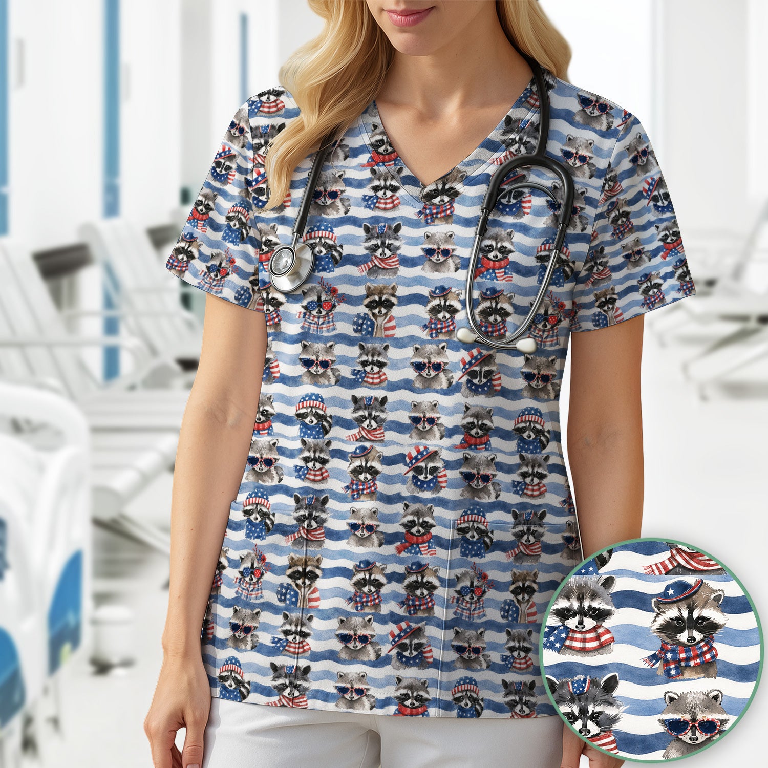 Patriotic Raccoon Watercolor Stripe Pattern Scrub Top, Comfortable Scrubs for Nurses