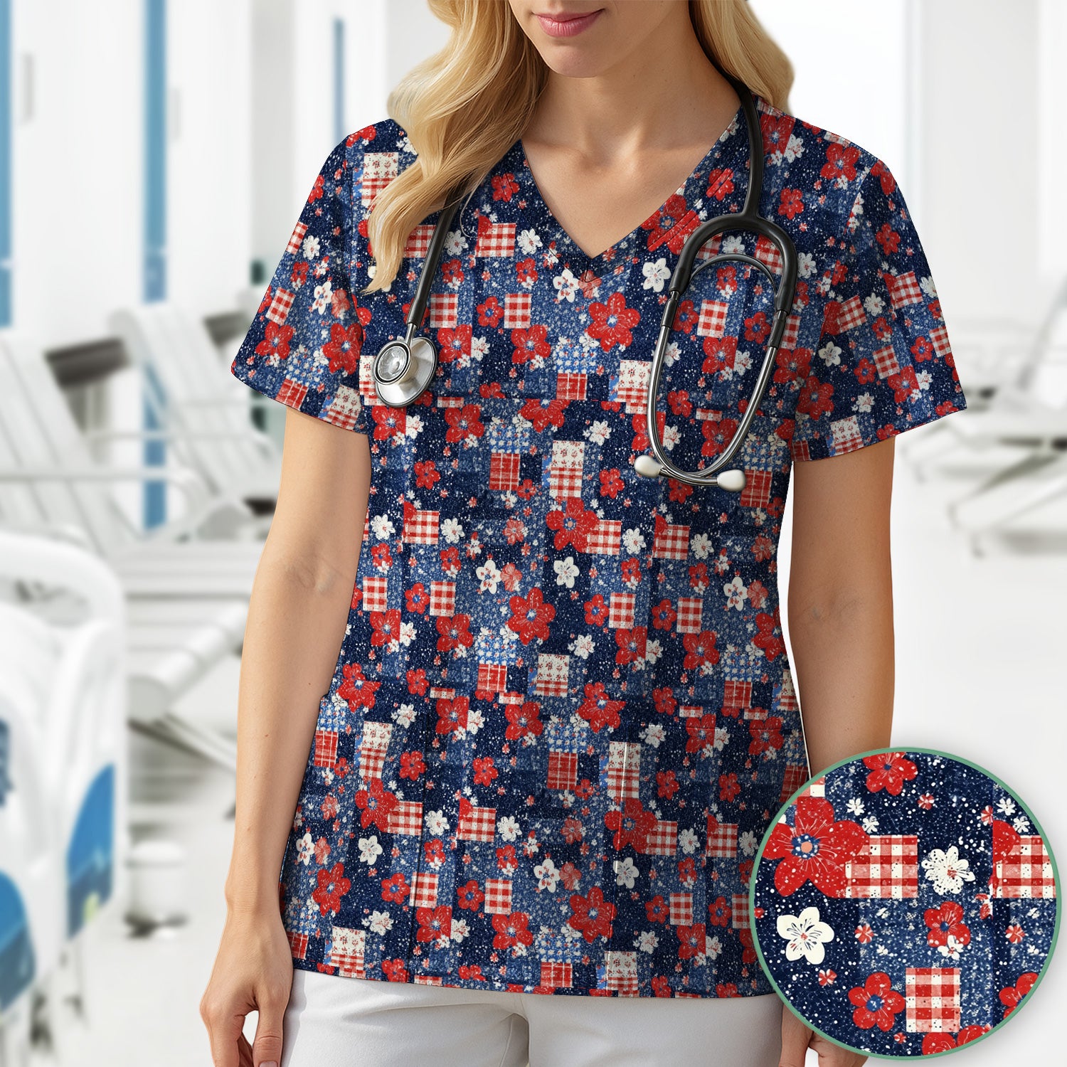 Patriotic Gingham Floral Patchwork Pattern Scrub Top, Comfortable Scrubs for Nurses