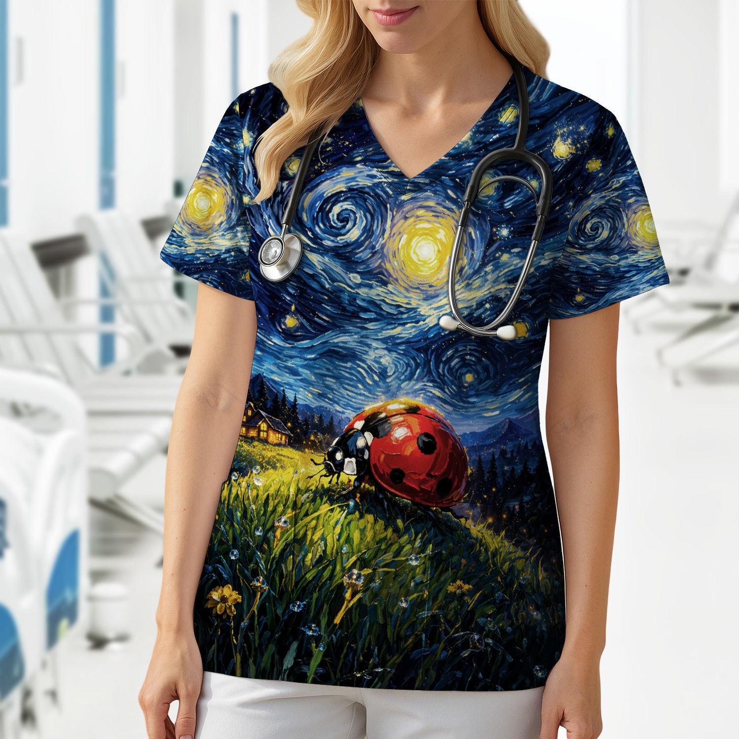 Swirl Night Sky Ladybug Landscape Art Print Scrub Top, Artistic Nature Nursing Uniform for Women