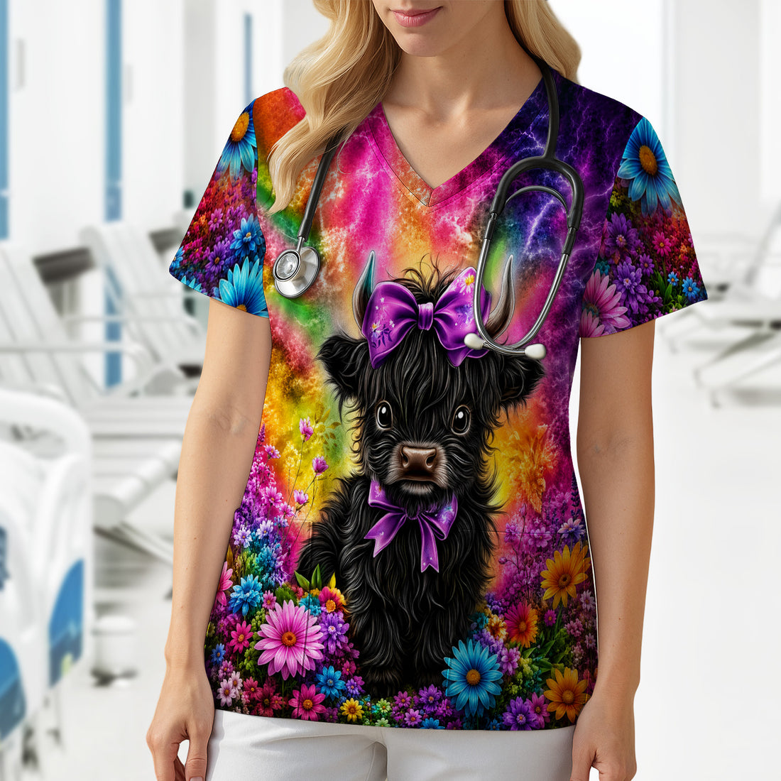 Cute Highland Cow Rainbow Floral Scrub Top, Comfortable Scrubs for Nurses