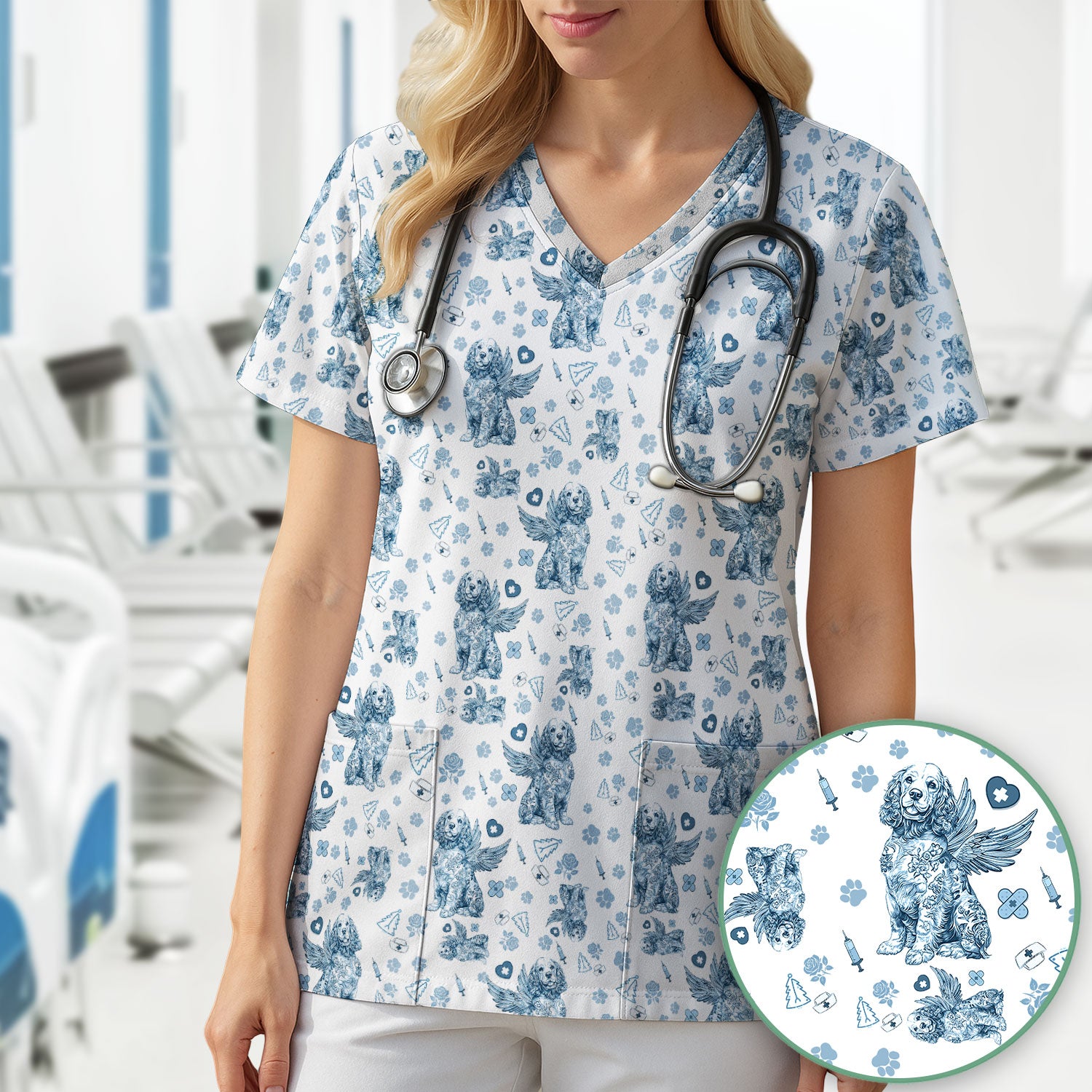 Toile De Jouy Scrubs for Nurses - Angel Puppy Medical Uniform - Floral Dog in Heaven Gift for Women, Vet Techs, RN CNA LPN