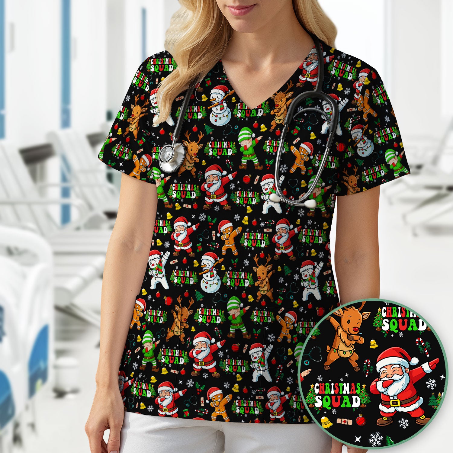 Christmas Squad Scrub Top - Funny Santa & Reindeer Shirt - Cute Holiday Medical Uniform for Nurses, Doctors & Vet Techs