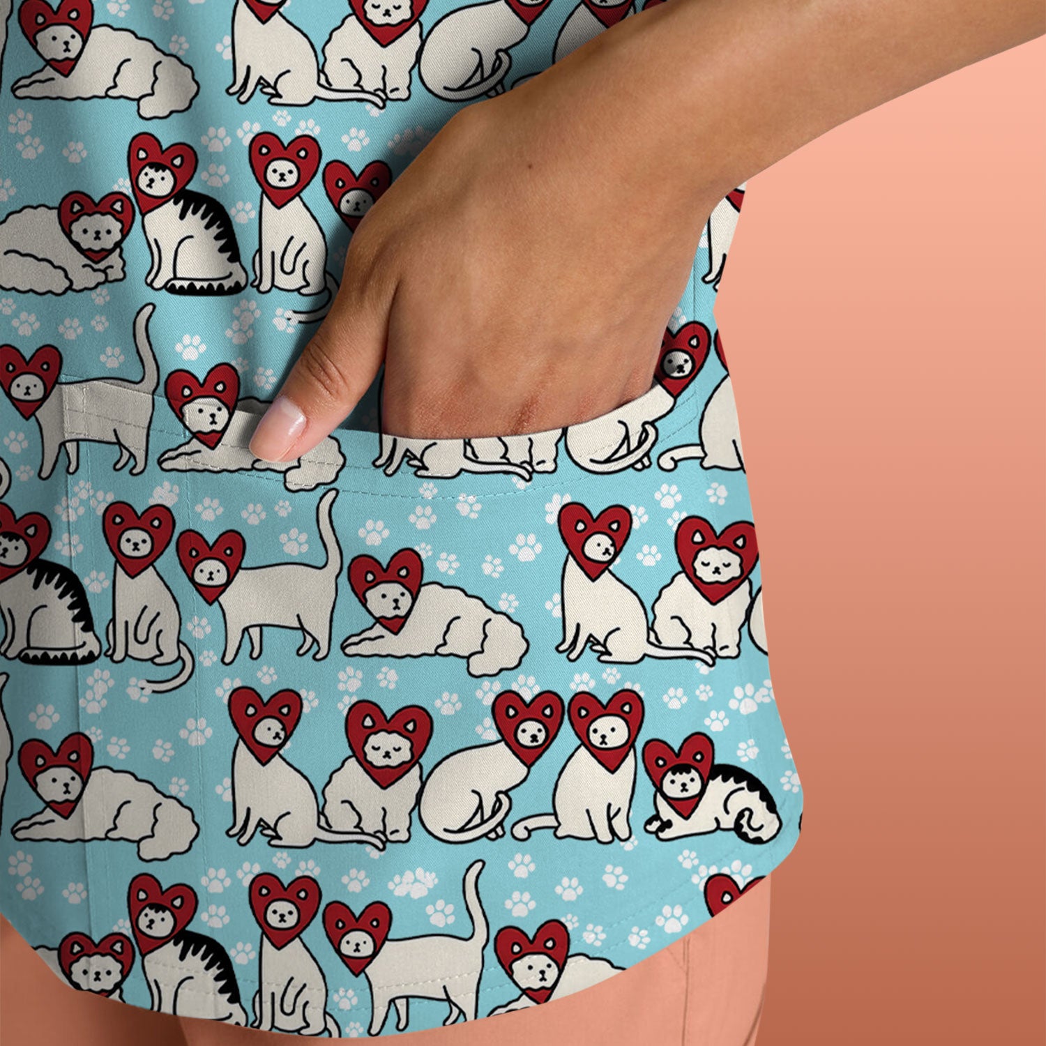 Cute Cat Heart Pattern Scrub Top, Funny Cat Scrub Shirt For Nurses, Breathable Fabrics Nursing Uniform