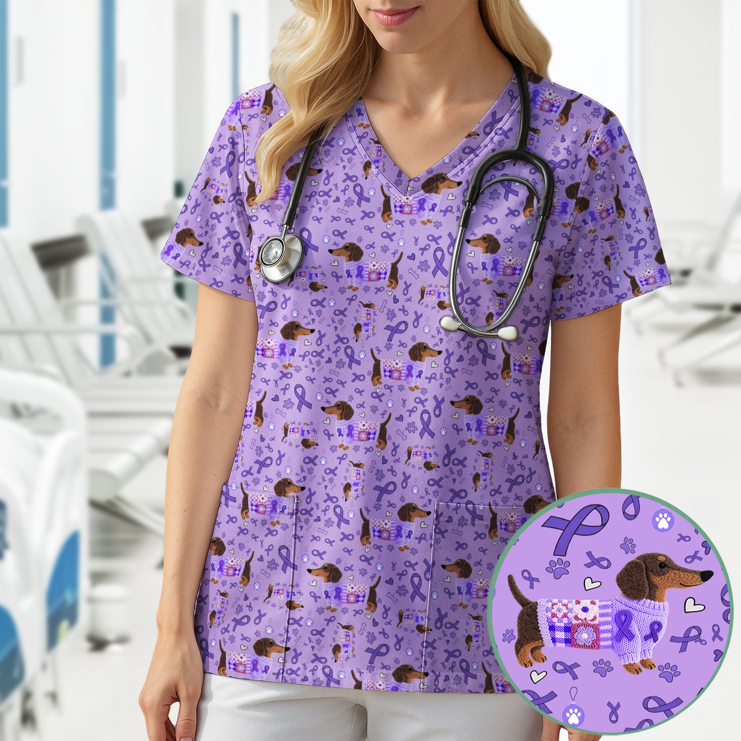 Wiener Dog Purple Ribbon Cancer Awareness Scrub - Breathable Fabrics Nursing Uniform - Comfortable Scrubs for Nurses