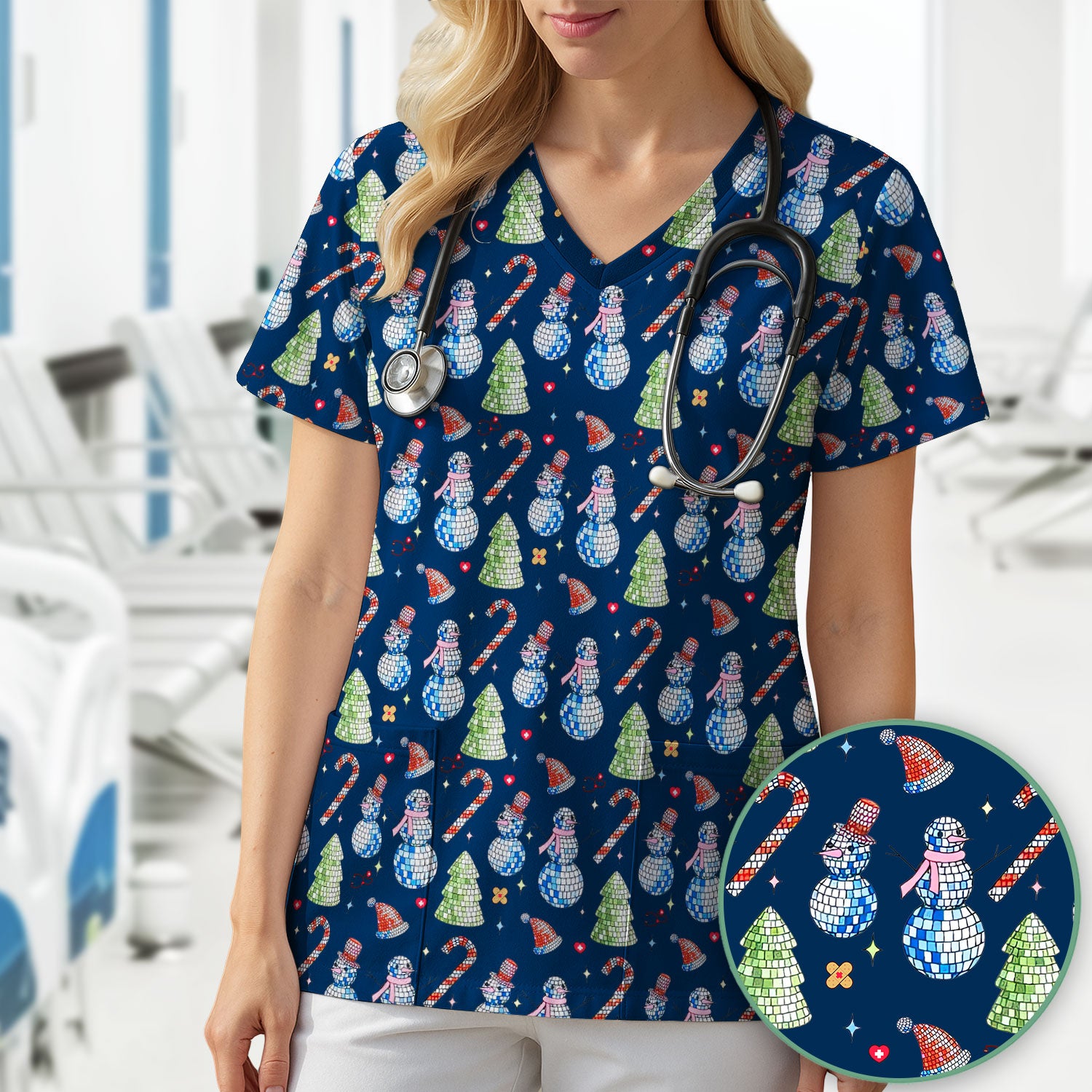 Funny Christmas Snowman Scrub Top for Women - Breathable Fabrics Med Uniform - Comfortable Scrubs for Nurses - Xmas Gift for Her