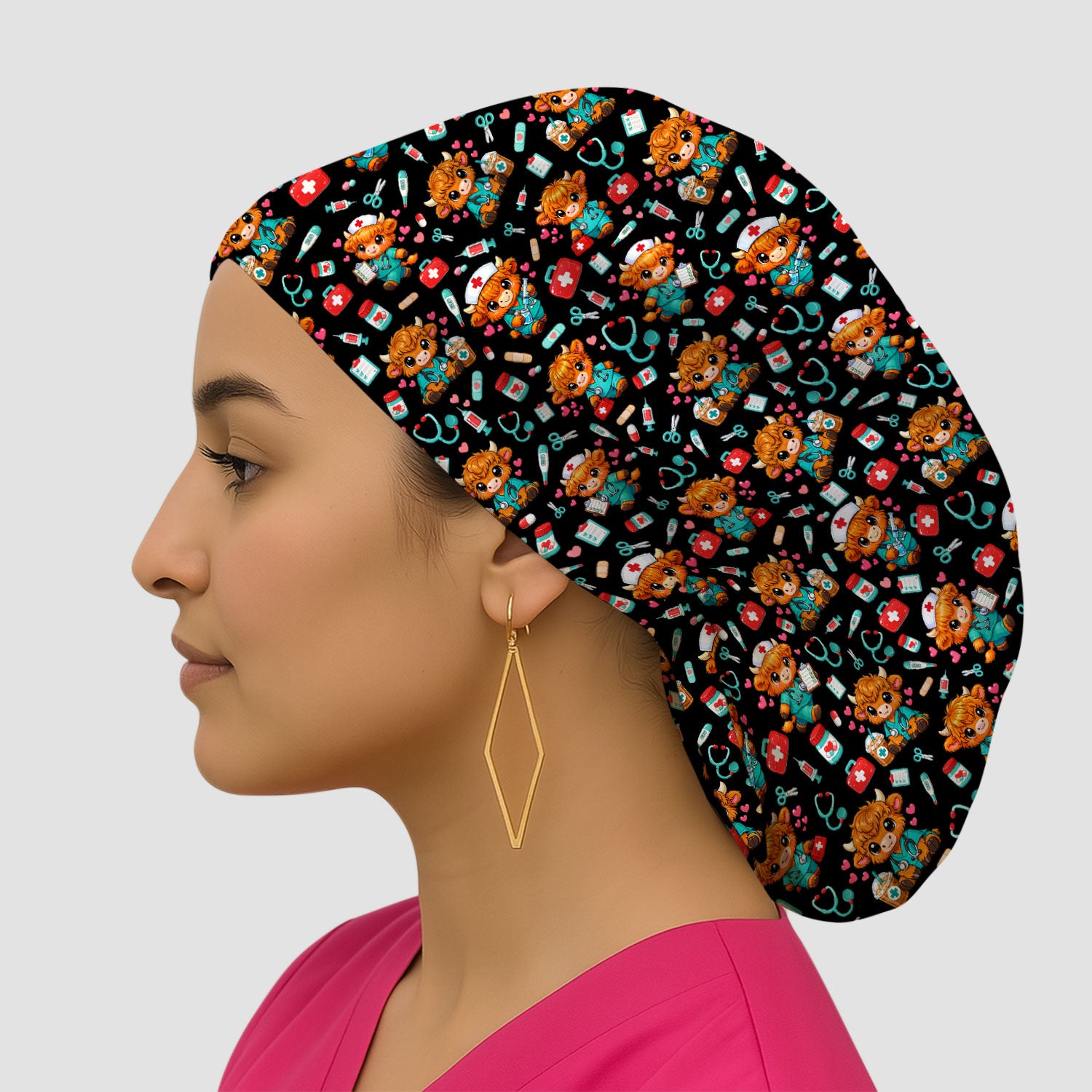 Cute Highland Cow Nurse Scrub Cap, Kawaii Medical Pattern Hat, Breathable Fabrics Nursing Uniform