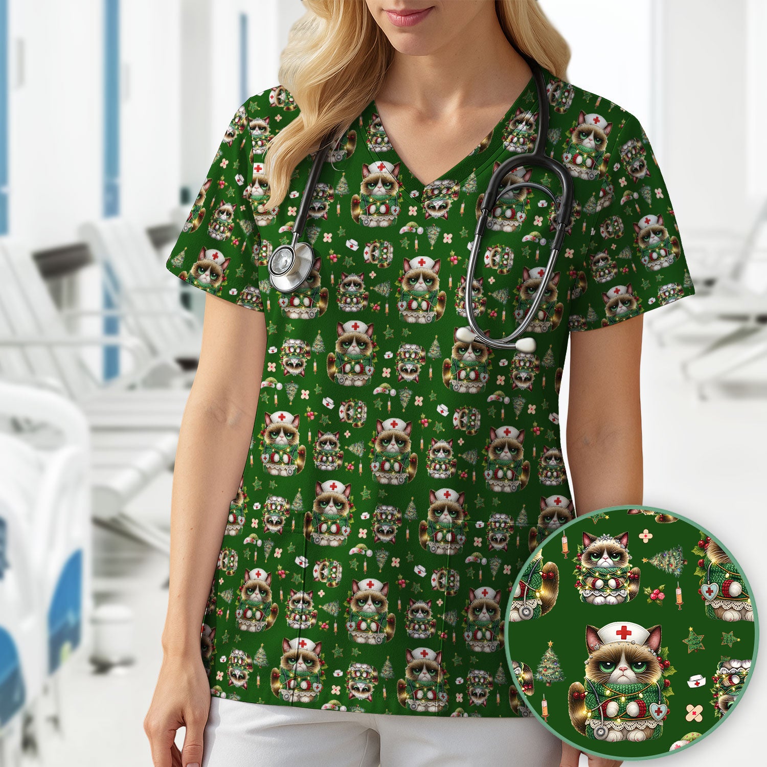 Christmas Nurse Scrub Top - Funny Cat Nursing Shirt - Cute Holiday Medical Uniform for Women RN LPN CNA
