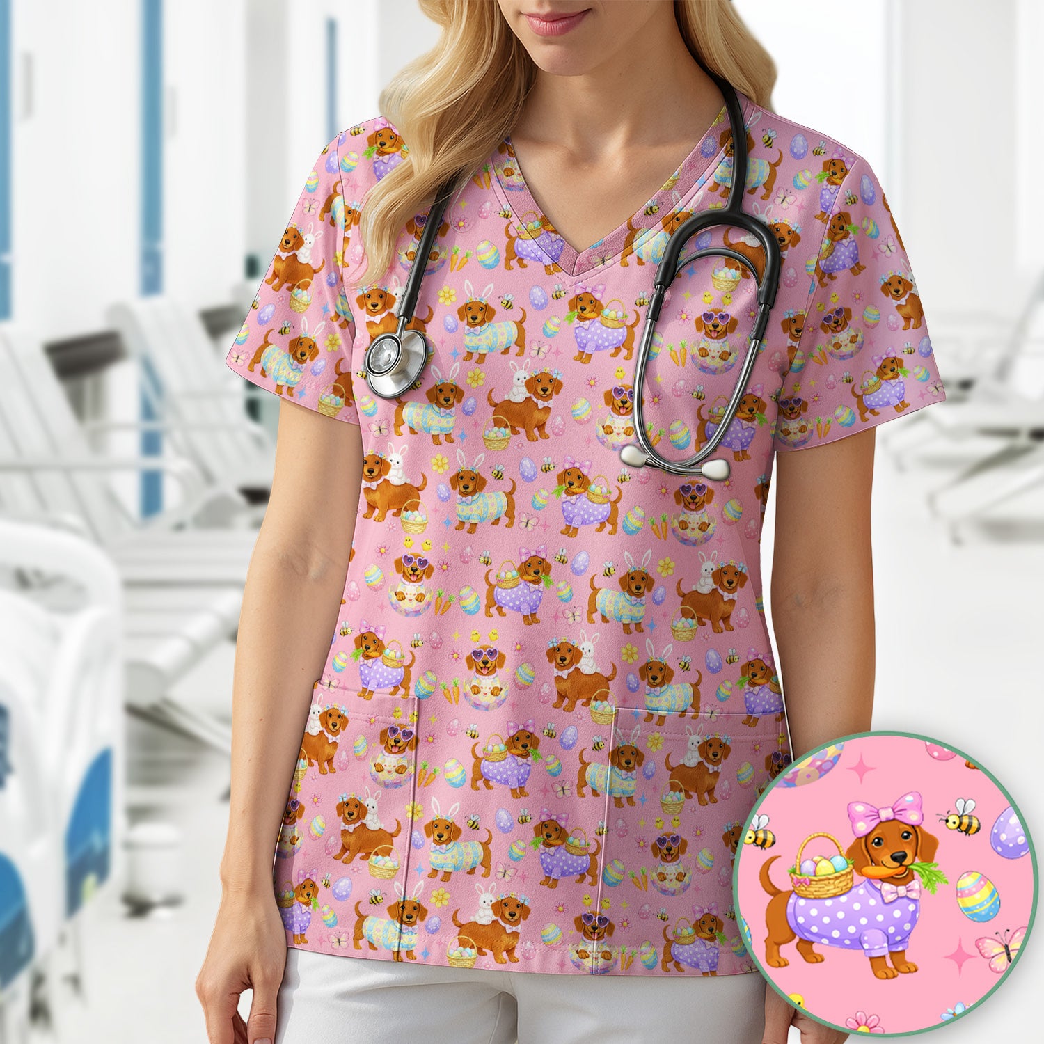 Cute Easter Dachshund Dog Pattern Scrub Top, Breathable Healthcare Uniform Top