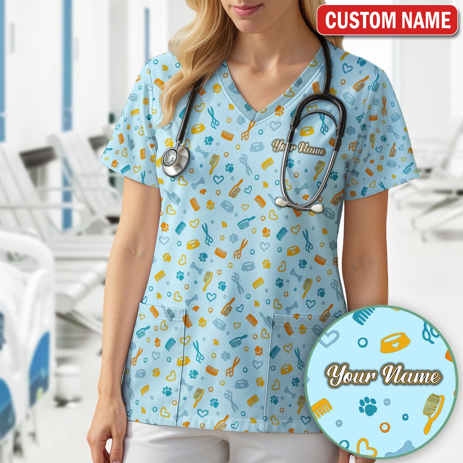 Custom Name Dog Cat Grooming Pattern Scrub Top, Breathable Fabrics Nursing Uniform