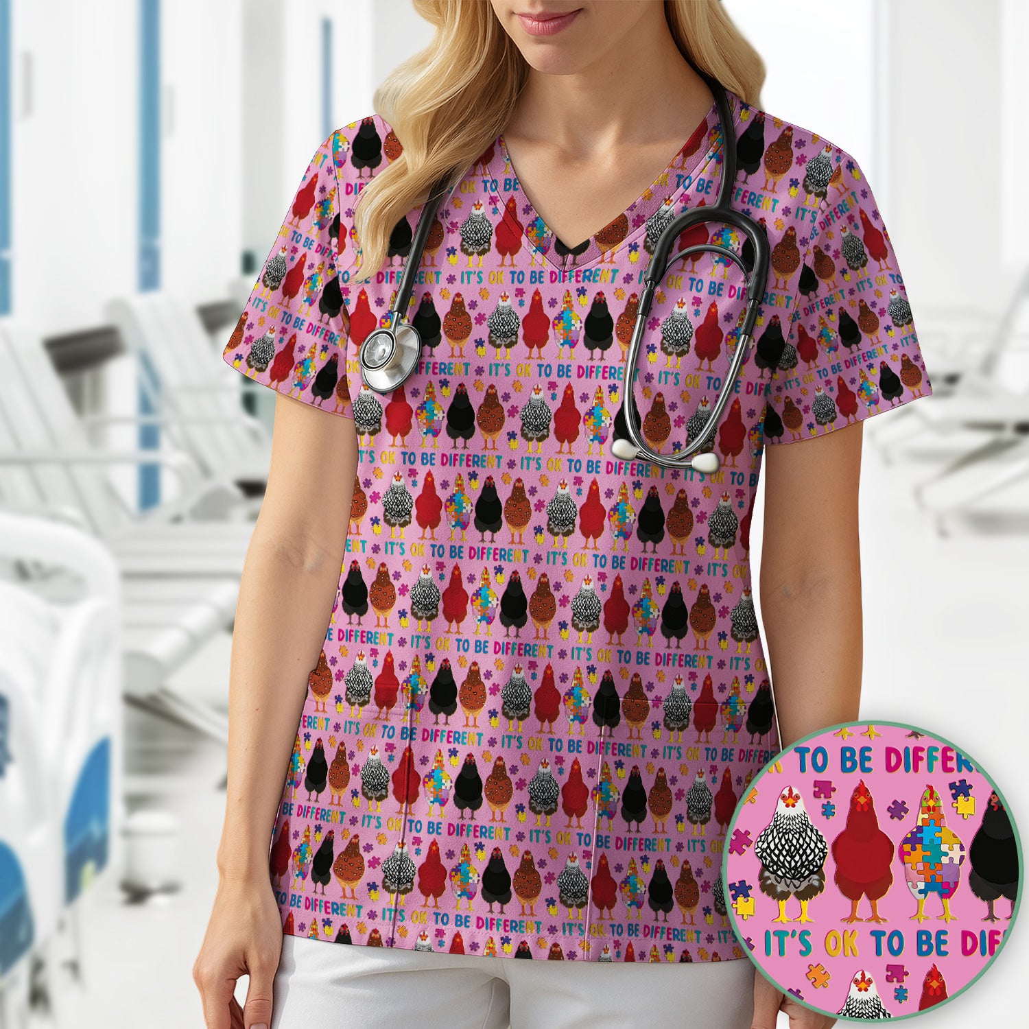 Autism Chicken It’s OK to Be Different Print Scrub Top, Comfortable Scrubs for Nurses