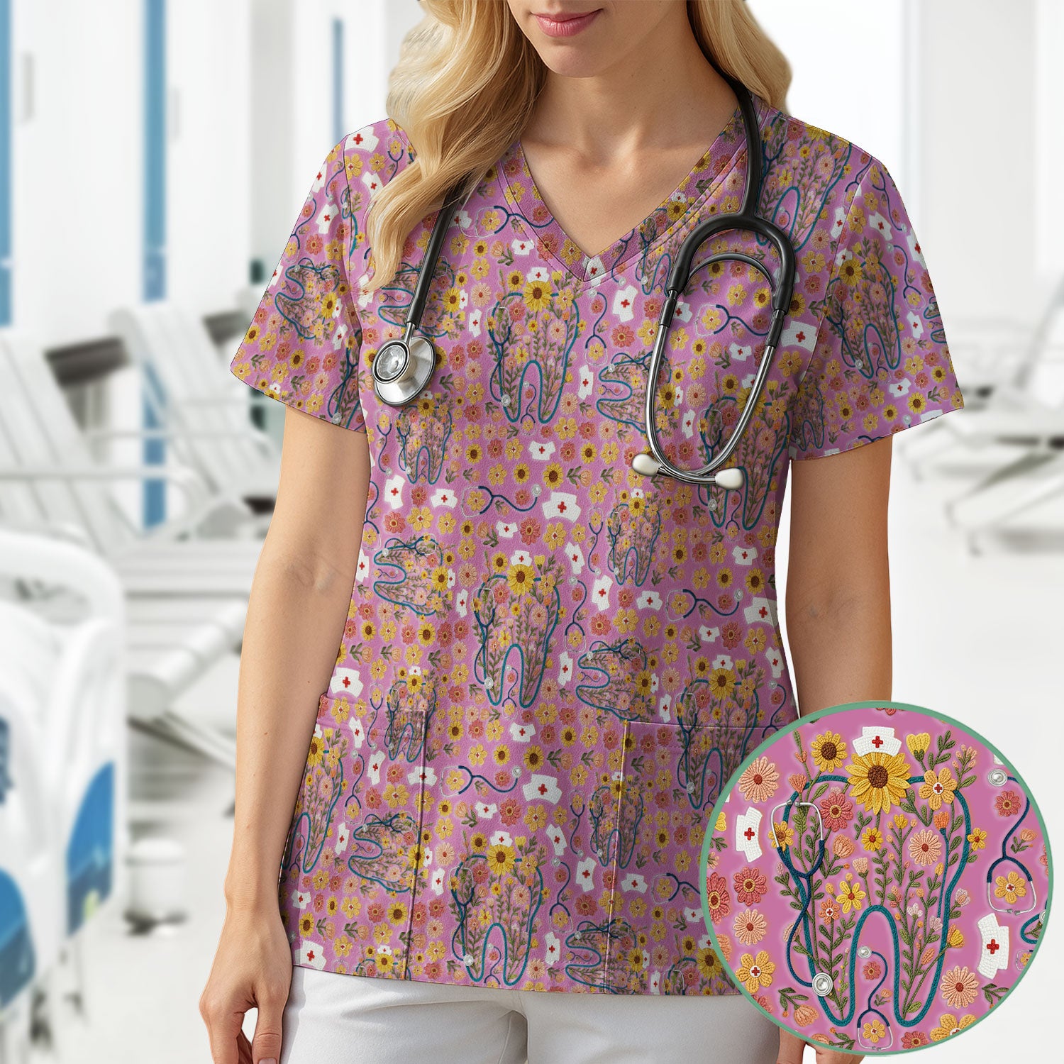 Boho Floral Tooth Scrub Top - Aesthetic Dental Scrubs for Women - Cute Flower Tooth Pattern Medical Uniform - Hygienist Christmas Gift