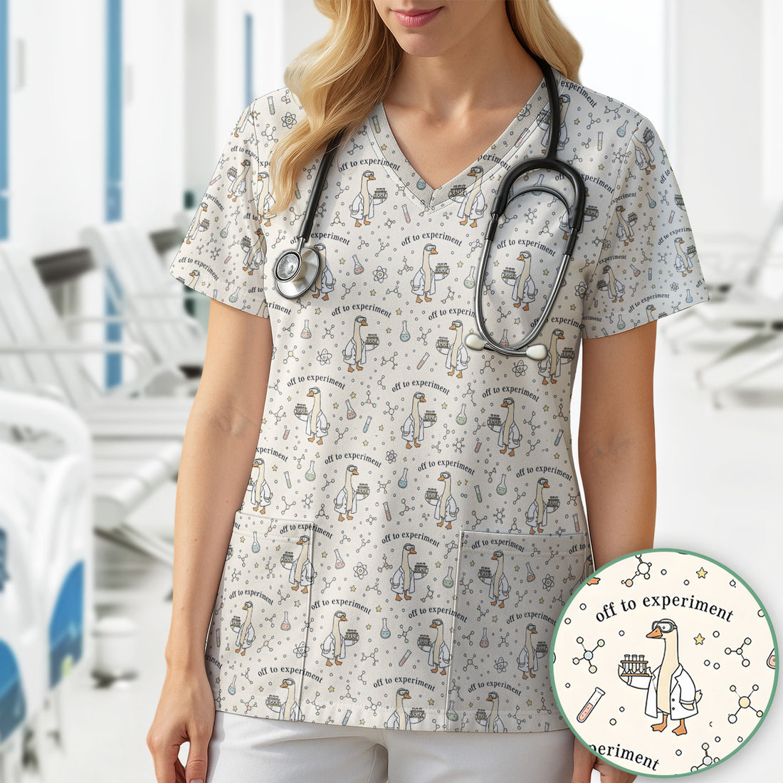 Funny Off To Experiment Scientist Goose Scrub Top, Comfortable Scrubs for Nurses