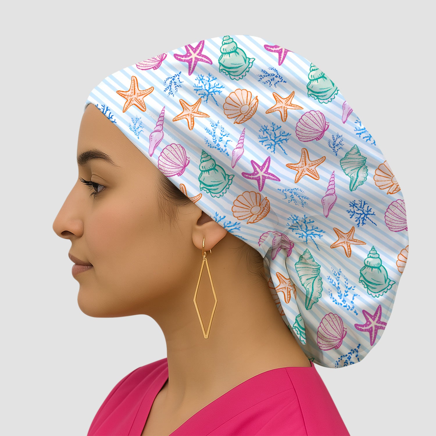 Colorful Seashell Starfish Ocean Stripe Pattern Cap, Bouffant Scrub Caps for Women
