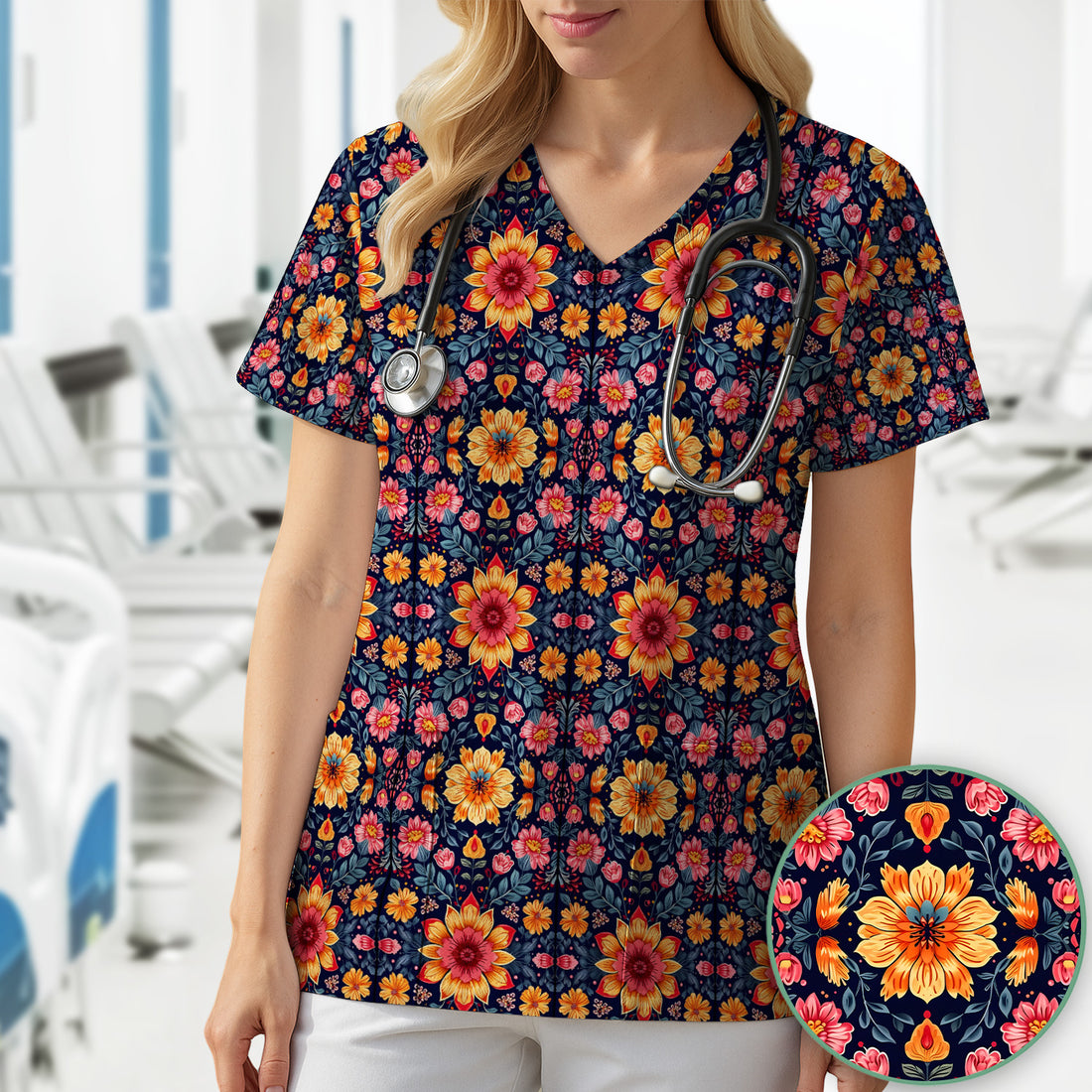 Elegant Dark Floral Pattern Scrub Top, Comfortable Scrubs for Nurses