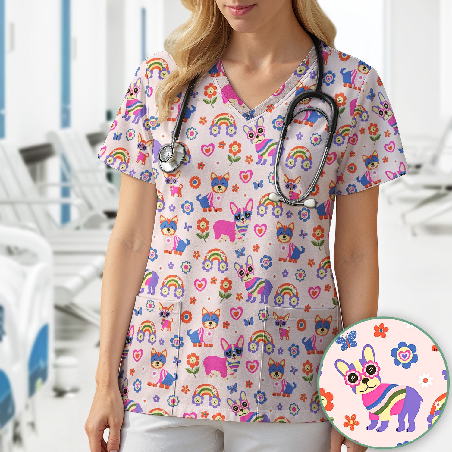 Colorful Cartoon Dogs With Rainbow Flowers Pattern Scrub Top, Breathable Fabrics Nursing Uniform
