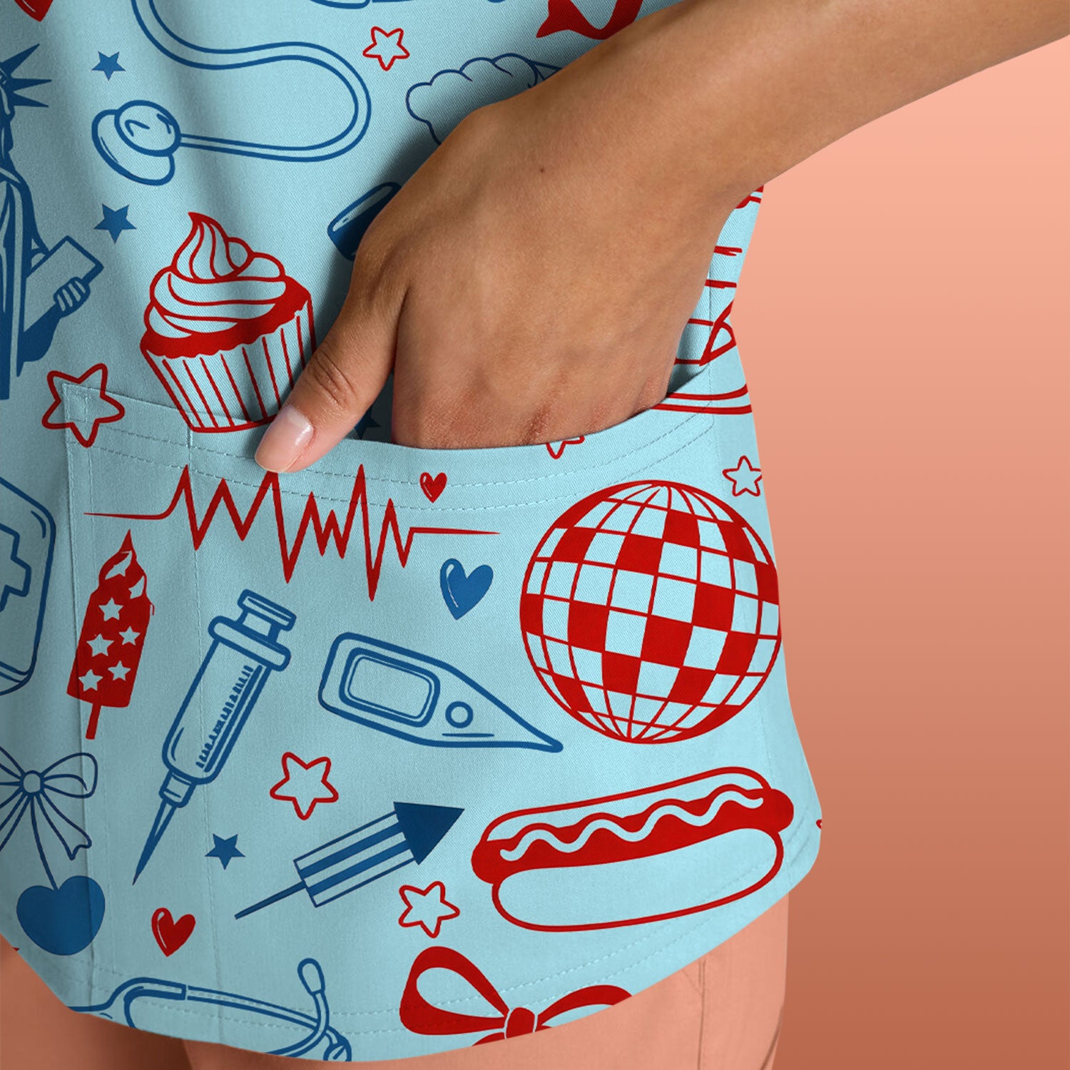 Patriotic Nurse Medical Icons Pattern Scrub Top, Breathable Fabrics Nursing Uniform