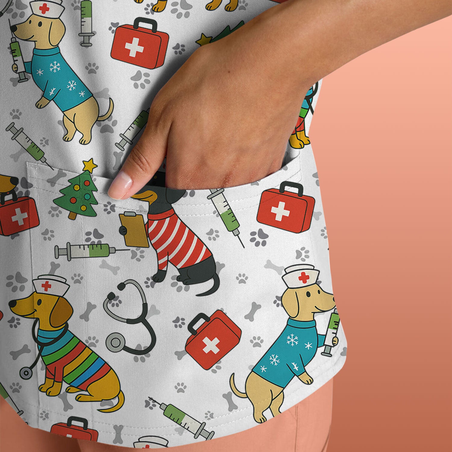 Funny Dachshund Scrub Shirt - Christmas Dog Print Scrubs Multi Color - Holiday Nurse Scrub Top Gift for Women, Men, CNA, RN, Medical Staff