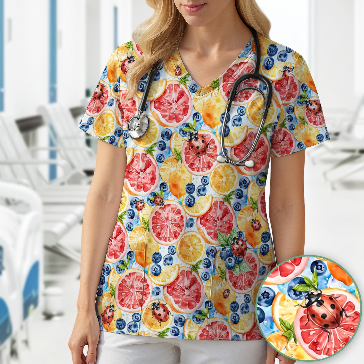 Cute Citrus Berry Ladybug Pattern Scrub Top, Comfortable Scrubs for Nurses