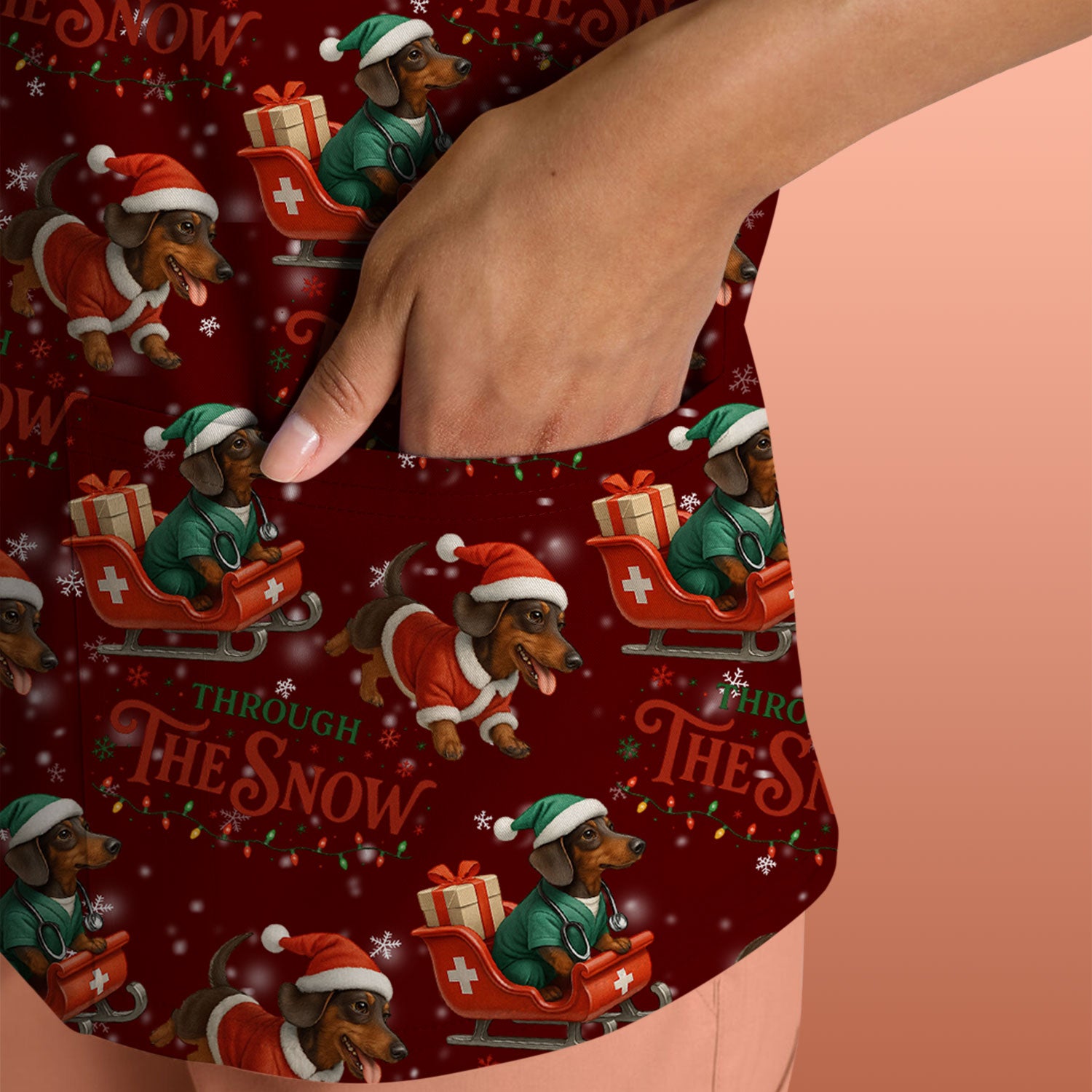 Dachshund Christmas Scrub Top, Cute Dog Nurse Scrub Shirt, Through The Snow Pattern Nursing Uniform