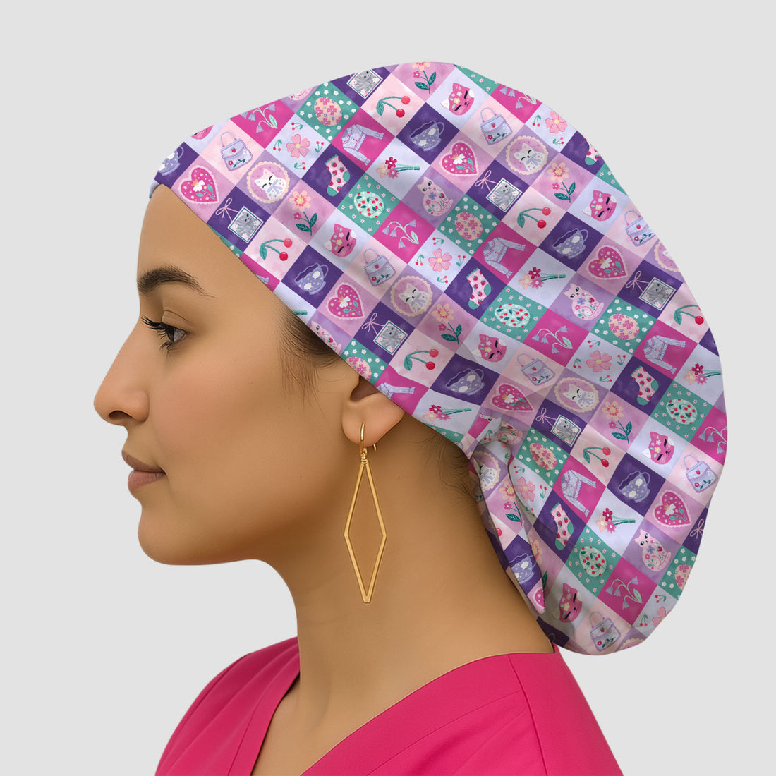 Pastel Cat Patchwork Pattern Scrub Cap, Surgical Caps for Doctors