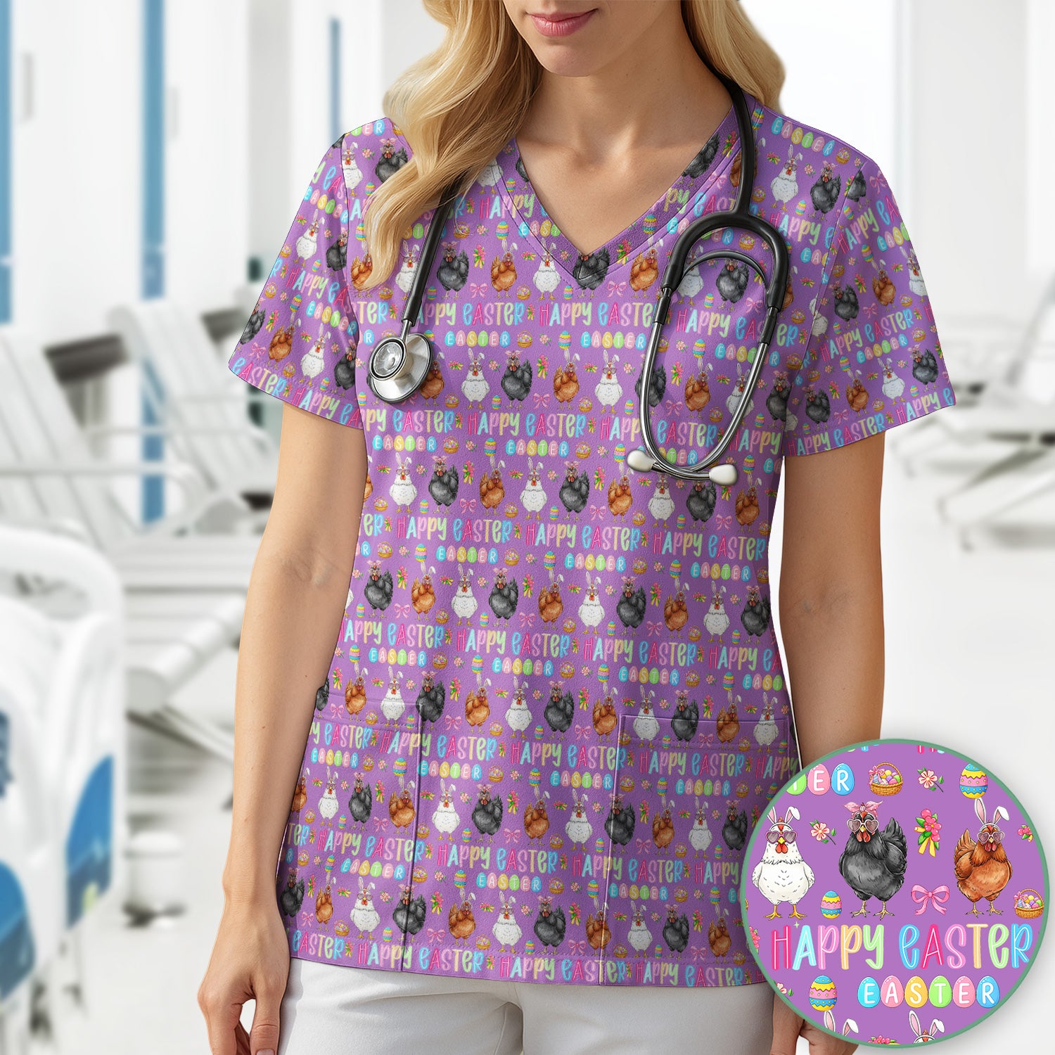 Happy Easter Bunny Eggs Pattern Scrubs Top, Comfortable Scrubs for Nurses