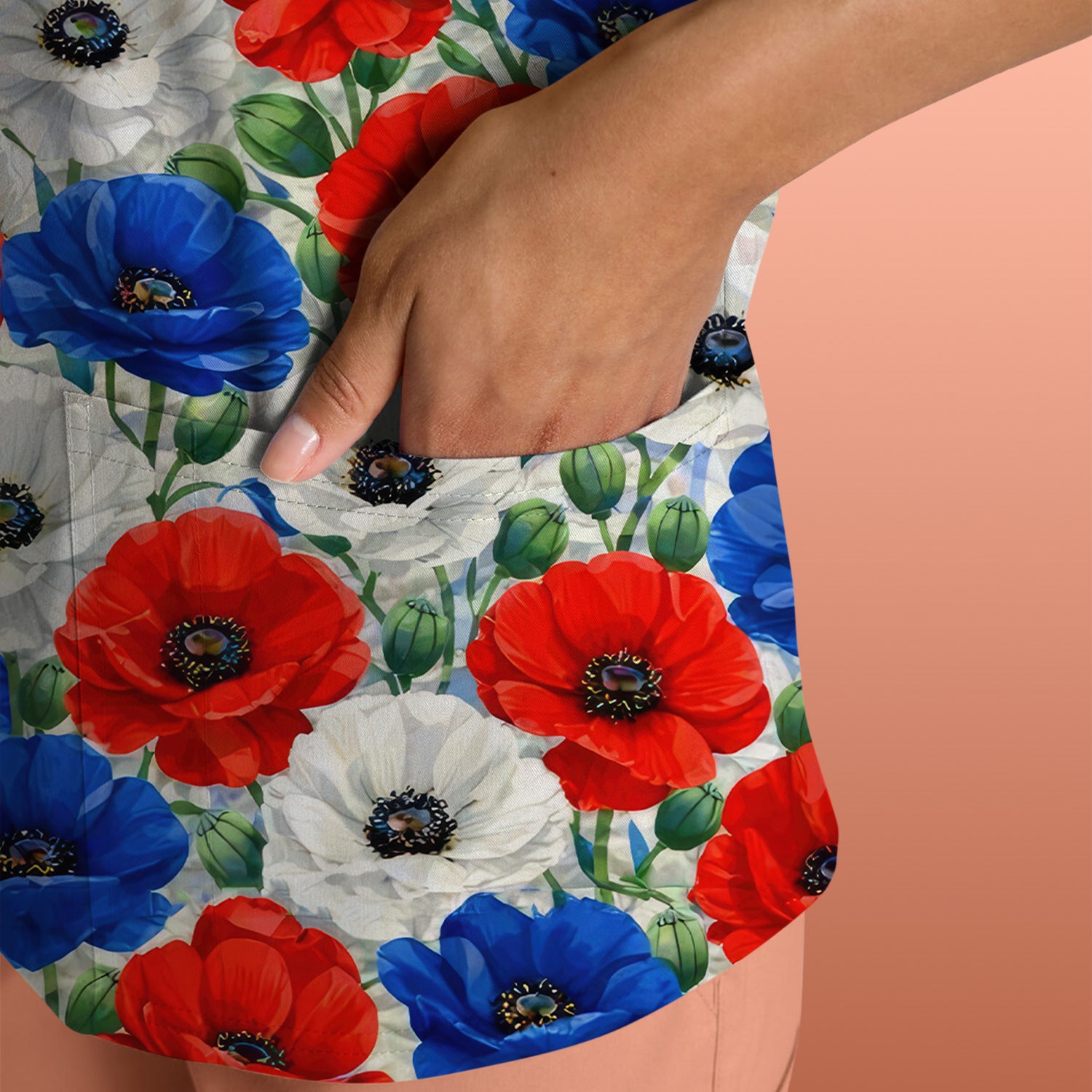 Festive Patriotic Red Blue Poppy Floral Pattern Scrub Top, Comfortable Scrubs for Nurses