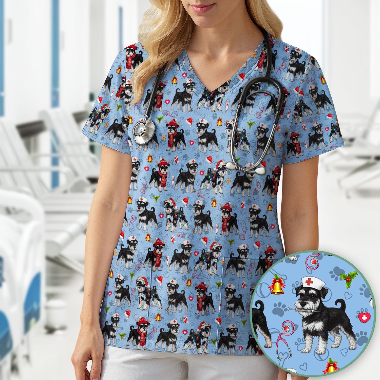 Christmas Schnauzer Scrubs for Nurses - Cute Dog Holiday Scrub Top - Funny Santa Nursing Medical Shirt for Women